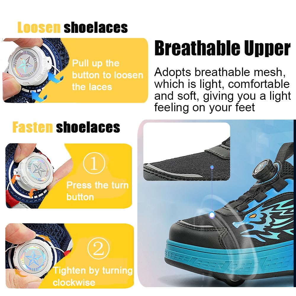 Mateju Chaussures à Roulette Garçons Filles 2 en 1 Patins à roulettes Baskets Enfant Chaussures de Skateboard Retractable avec 4 roulettes Adolescents Chaussures de Sport d'extérieur