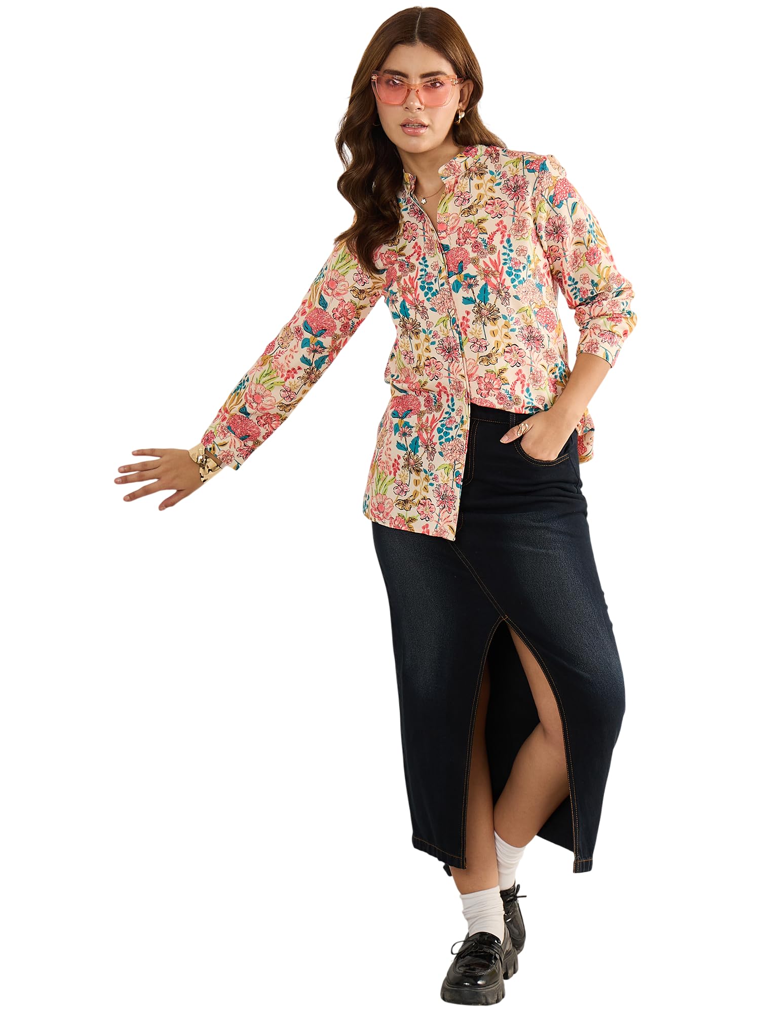 maroosh Women Multicolor Floral Print Mandarin Collar Casual Shirt (MRSSKTADR5021_M)-picture-0