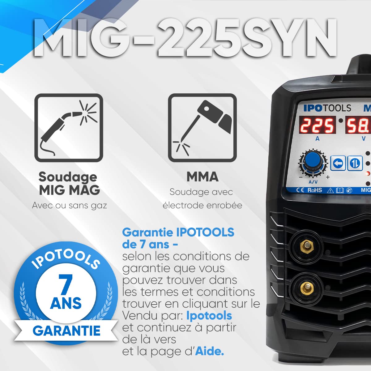 IPOTOOLS MIG-225SYN poste a souder MIG MAG Synergy – Synergie Poste à souder MIG avec 225A 230V IGBT, 5 en 1 Poste MIG Flux MMA électrodes, Poste de Soudage Portable, garantie de 7 ans
