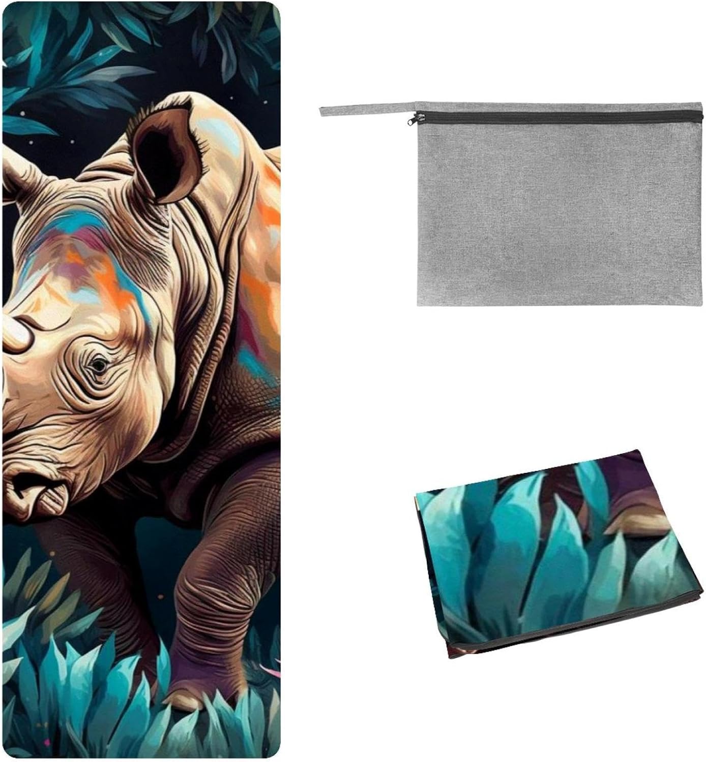 Yoga Towel, Rhino Animal Print Non Slip Sweat Absorbent Hot Yoga Mat Towel for Hot Yoga, Pilates and Fitness - 72.8" x 26.8"