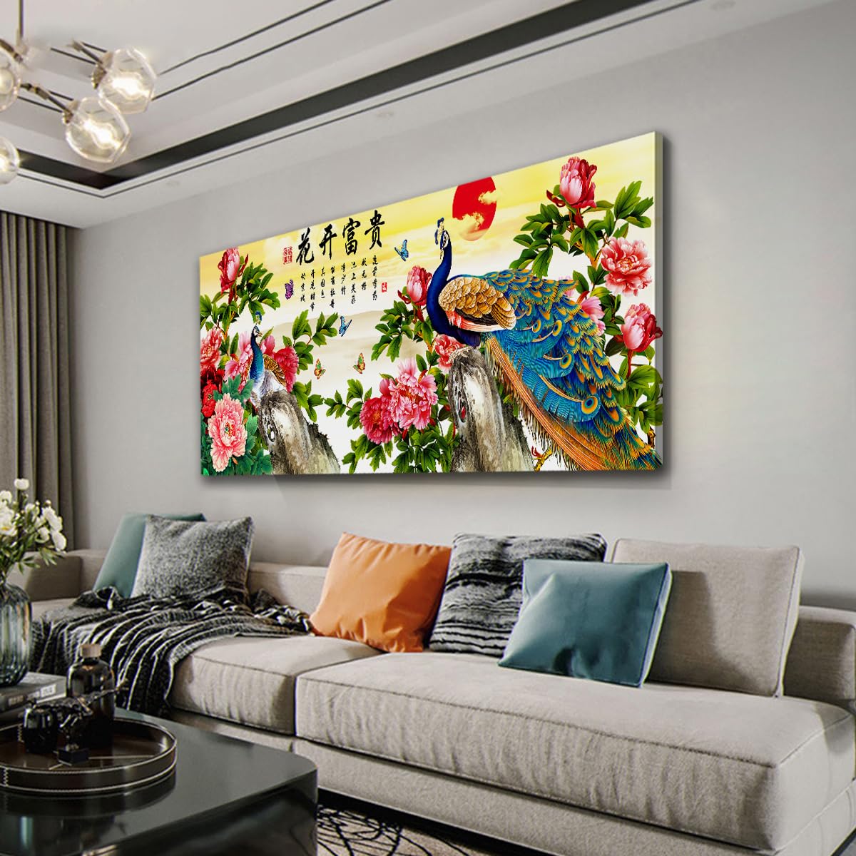 CHERHERART Chińskie obrazy Feng Shui na płótnie paw piwonia i czerwone słoneczne płótno malarstwo ścienne do jadalni sypialnia gabinet 60x150cm