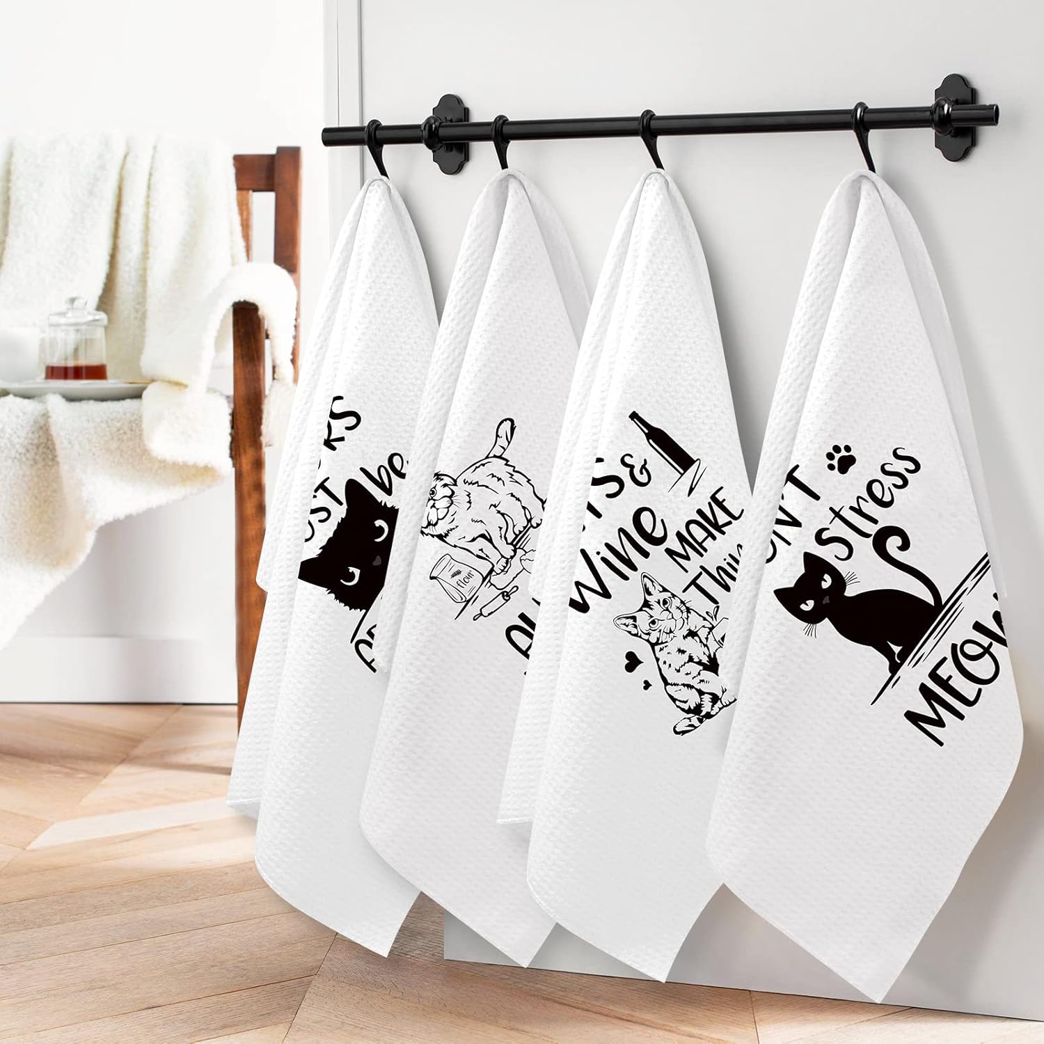Vansolinne Funny Cat Kitchen Towels Decorative Waffle Tea Towels Absorbent Dish Towels Set of 4 - Fun Hostess Kitchen Decor, Cat Kitchen Collection, Housewarming Presents - Image 4