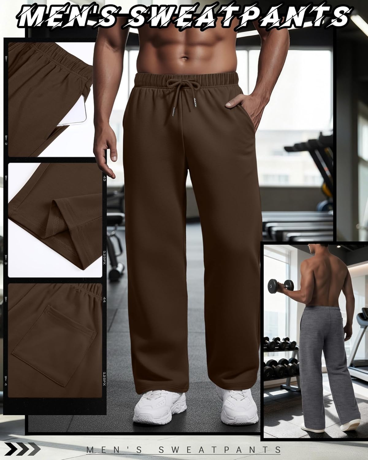 3 Pack Men's Lightweight Lounge Pants Straight Leg Open Bottom Thin Baggy Drawstring Sweatpant with 3 Pockets - Image 2