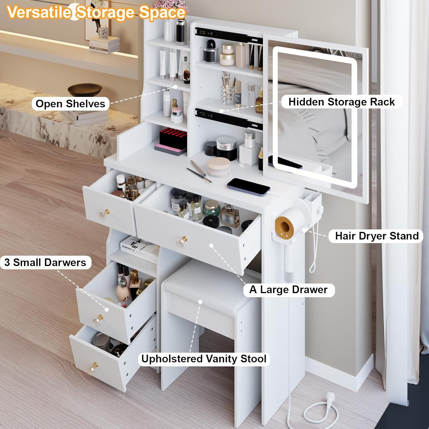 29.2" Small Vanity Desk with Mirror and Lights, Makeup Table with 2 AC+2 USB Power Station, Vanity Set with 5 Drawers and Stool for Small Space Bedroom, White