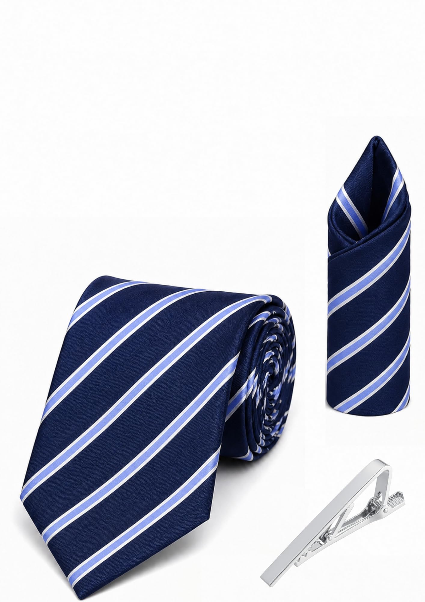 random stripe Elegant Wedding Tie Combo for Men – Woven Stripe Necktie with Matching Pocket Square & Brooch-picture-23