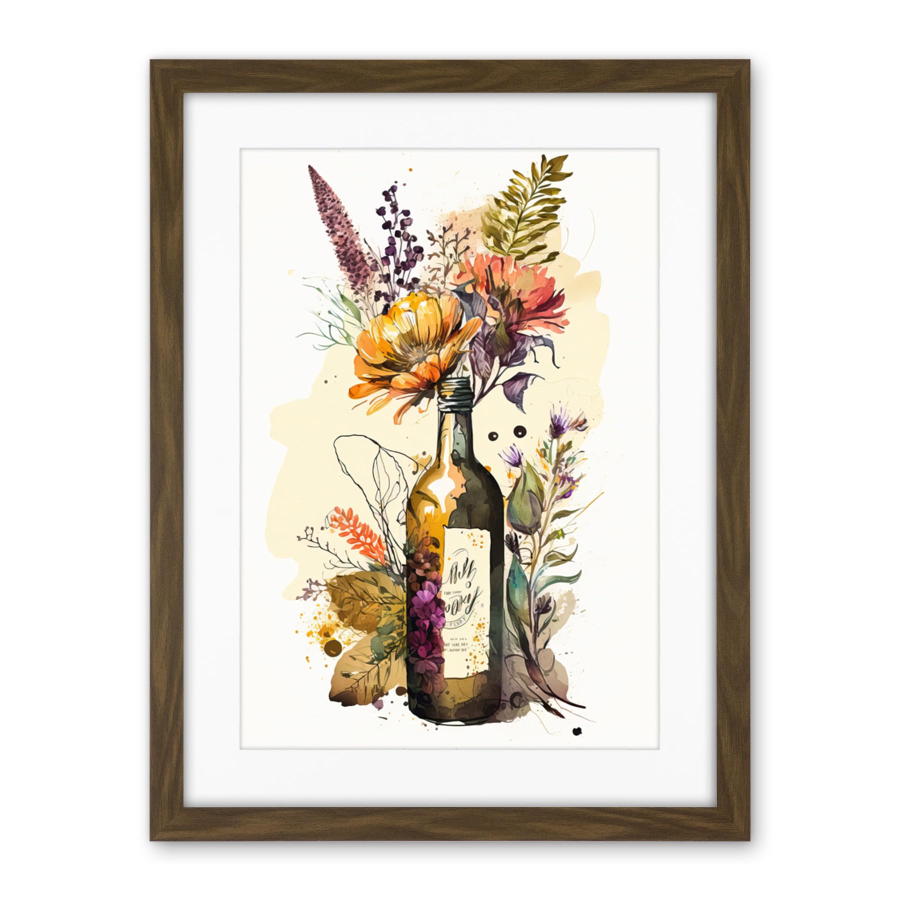 Artery8 Wildflower Bouquet in Upcycled Glass Wine Bottle Artwork Framed Wall Art Print 18X24 Inch