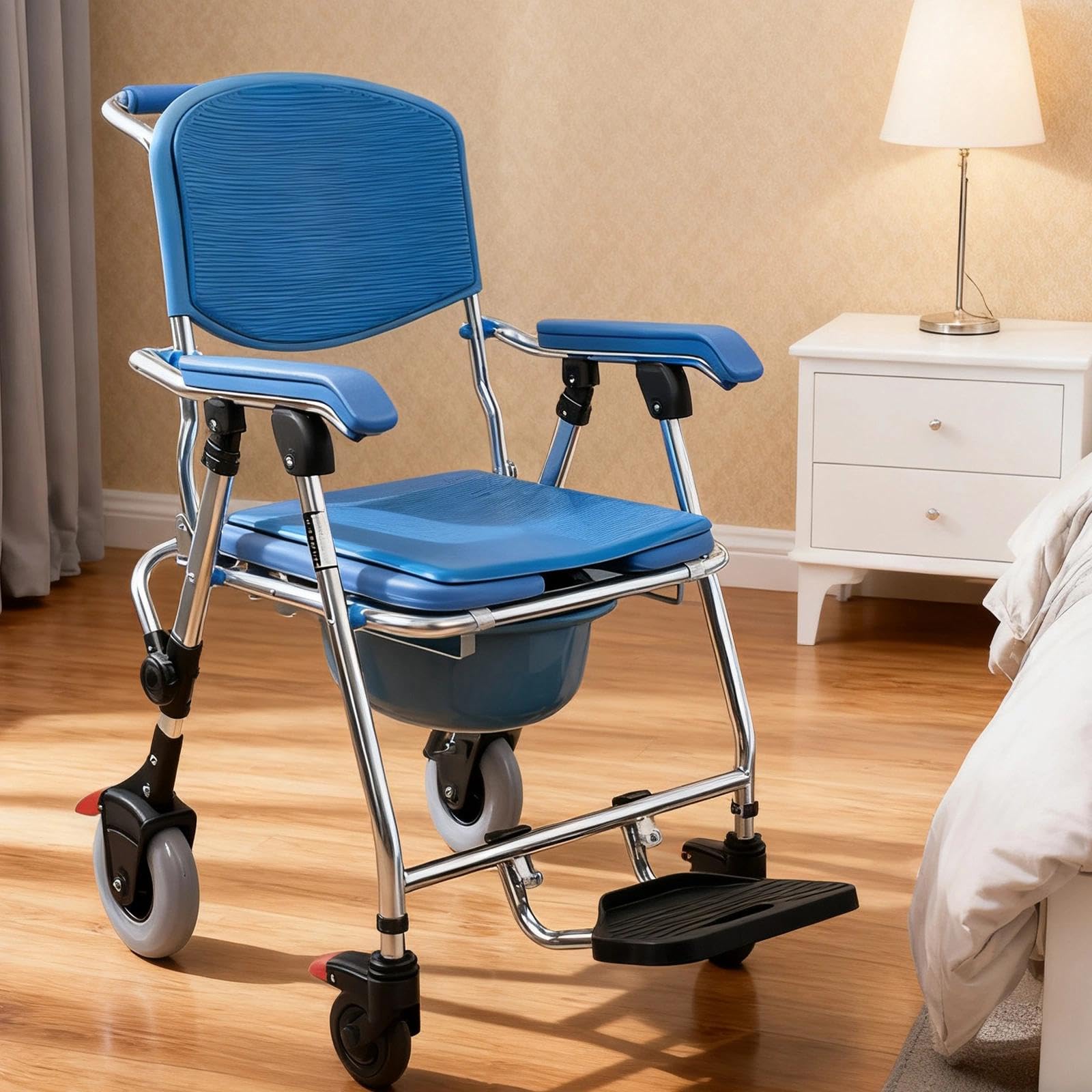 Silla Ducha WC con Ruedas Plegable, 4 en 1 Silla para WC y Ducha para Enfermos, Ancianos, Discapacitados y Embarazadas, Silla para Ducha para Personas Mayores con Ruedas Soporta hasta 150 kg