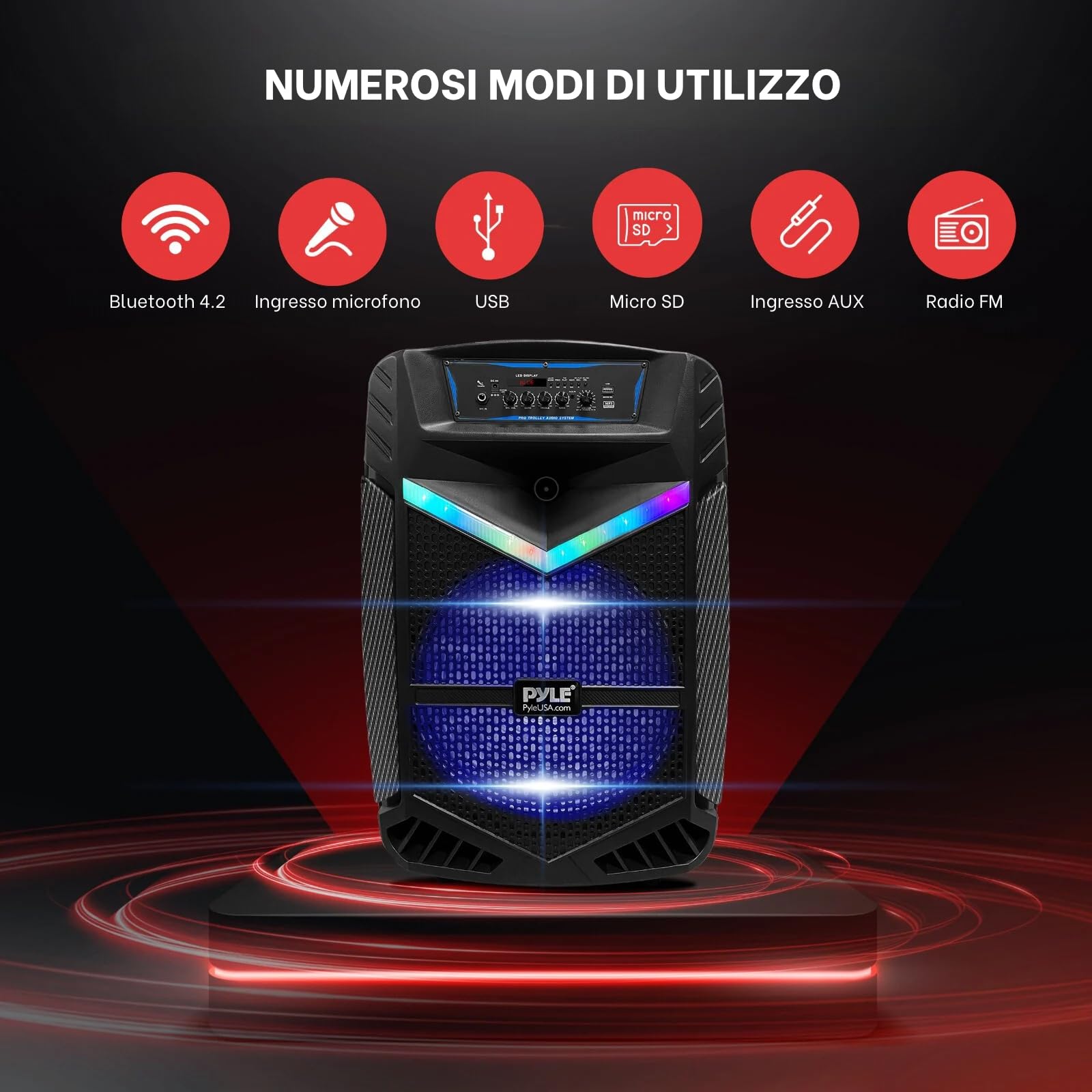 Pyle Speaker Bluetooth Portatile da 1200 Watt con Subwoofer da 38,1 cm e Tweeter da 2,54 cm, Funzione di Registrazione, Ingresso Microfono, Luci da Festa, USB/SD, Radio