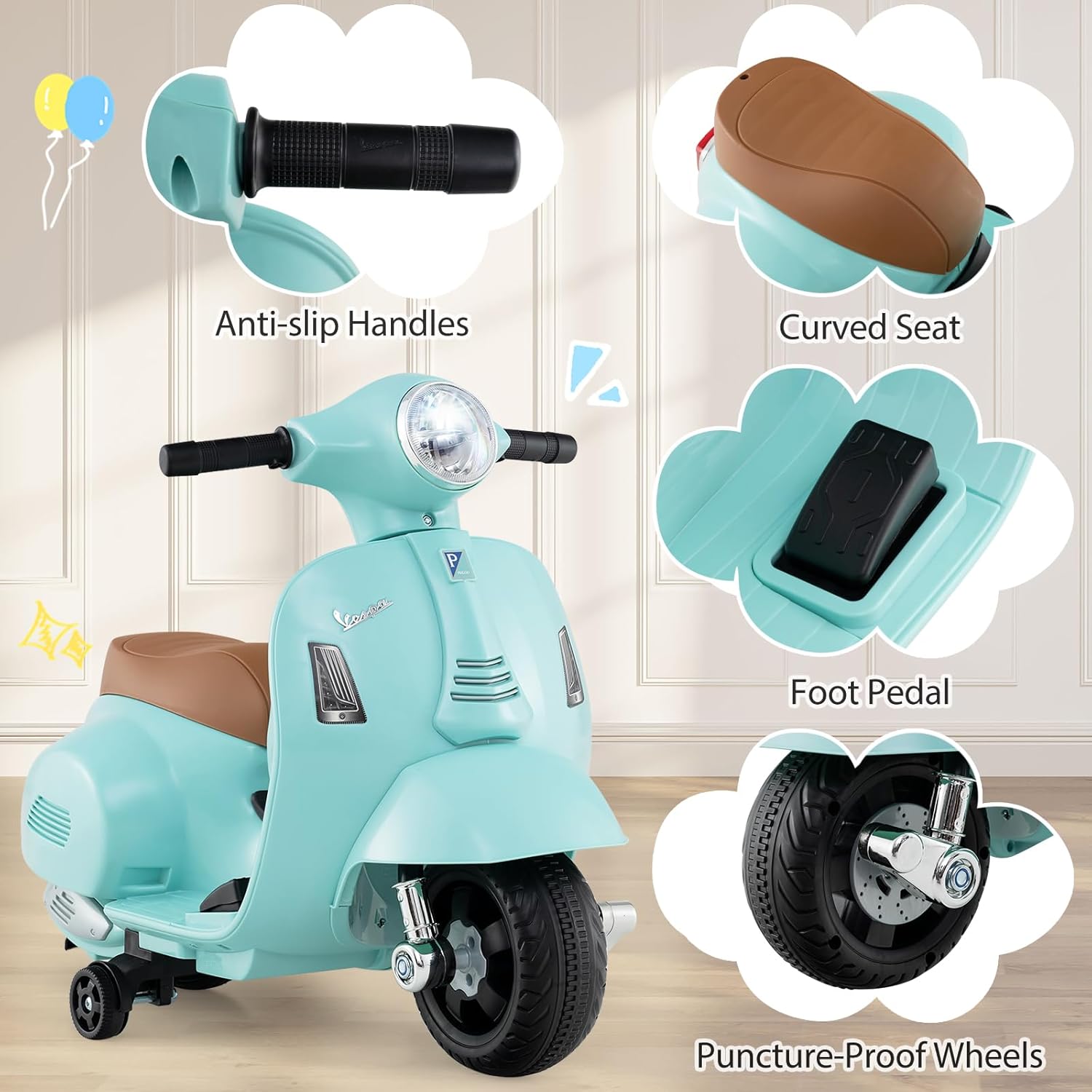 Costzon Toddler Motorcycle, Licensed Vespa Ride on Motorcycle with Training Wheels, LED Headlight & Horn Sound, Ride on Toy, 6V Battery Powered Motorbike, Gift for Boys & Girls, 1-3 Toddlers (Blue)