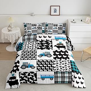 Manfei Farmhouse Comforter Set Full Size, Cartoon Pig Cow Chicken Bedding Set 3pcs for Kids Boys Girls, Tractor Farm Animal Blue Plaid Down Comforter Soft Polyester Quilt Set with 2 Pillowcases