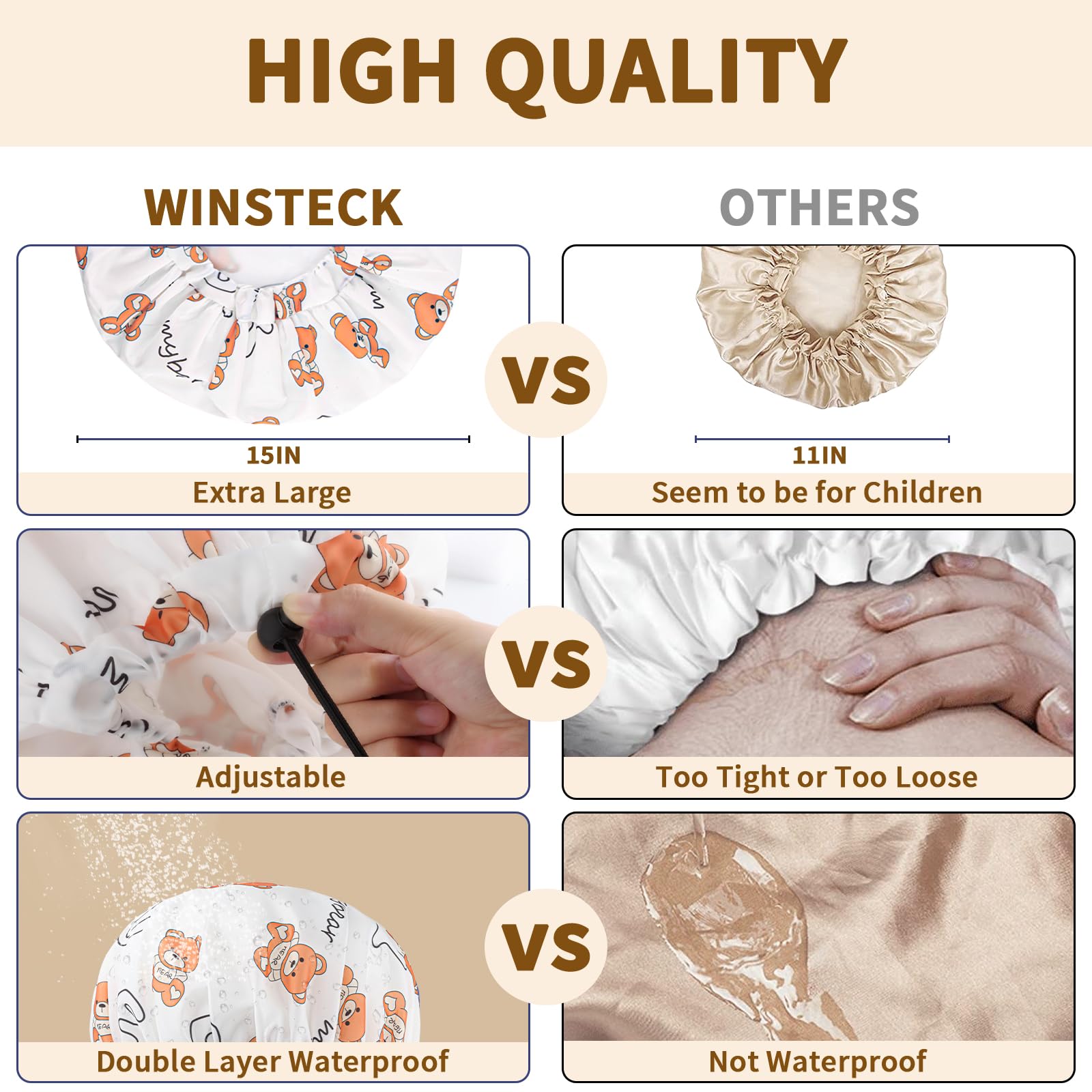 3-teilige Duschhauben für Damen, Upgrade bequem und extra groß und doppellagig, wasserdichte Badehaube, übergroße, verstellbare Haarhaube mit Saum für alle Haarlängen/-stile