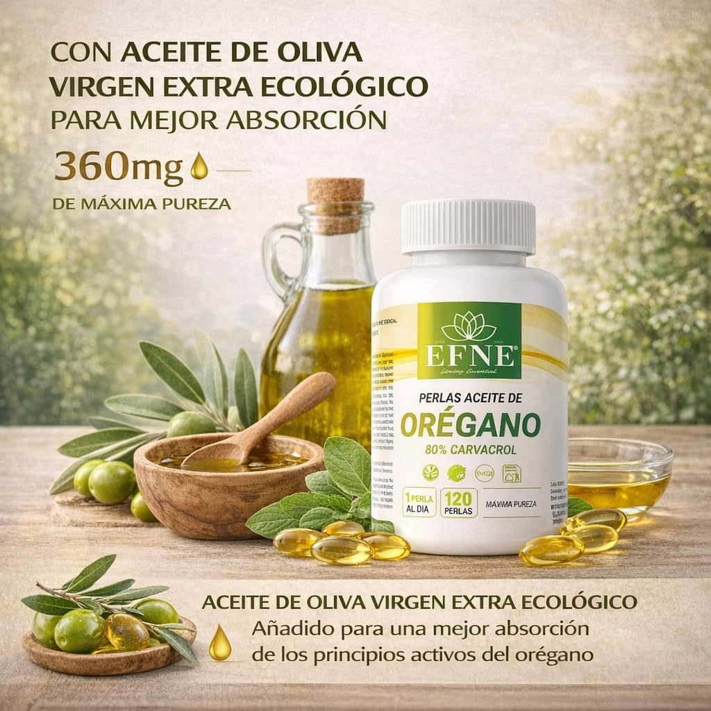 EFNE – Aceite de Orégano Premium 80% Carvacrol + 3% Timol en Perlas (120 perlas) – Con Aceite de Oliva Virgen Extra - 4 Meses suministro - 650mg por capsula en total