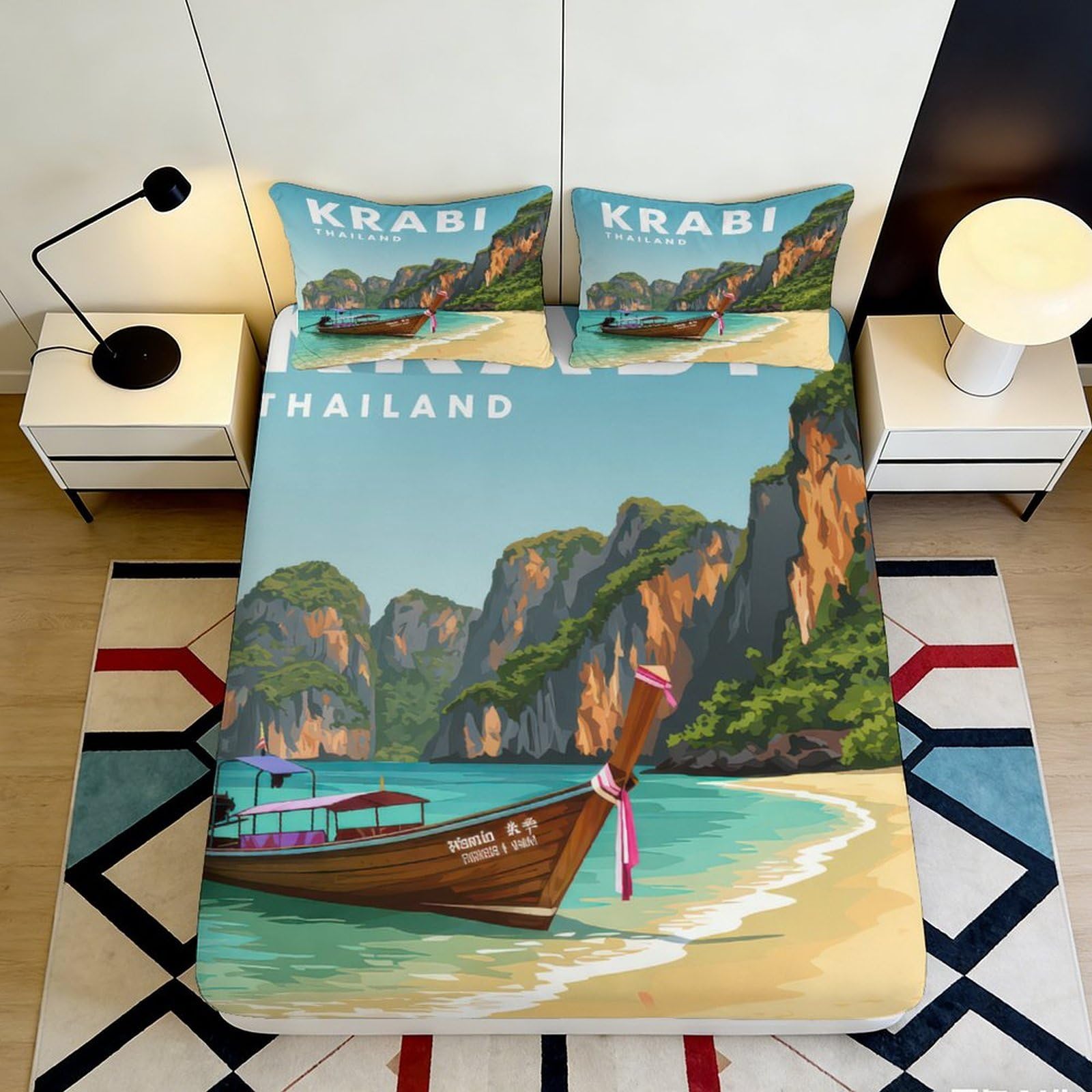 3D Printed Beach Landscape Fitted Sheet Microfiber Deep Pocket Non-Slip Bedding Set Seaside Mattress Fitted Cover Soft Washable for Bedroom 90x200x25cm