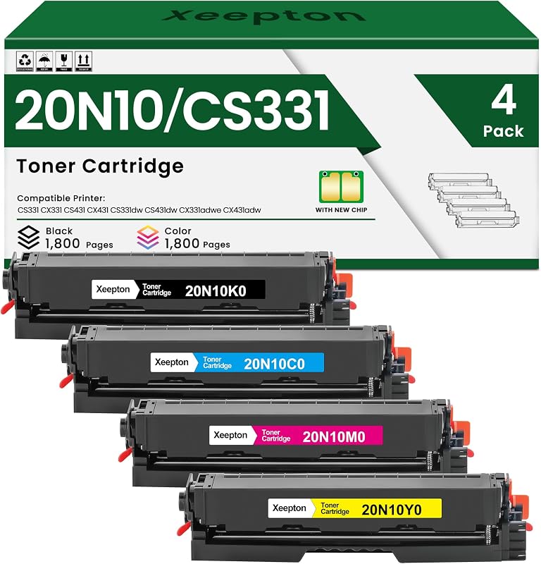 CS331 CX331 Toner Cartridge 4-Pack 20N10 20N10K0 20N10C0 20N10M0 20N10Y0 | CX331 Toner Cartridge with Chip Remanufactured for Lexmark CS431 CX431 CS331dw CS431dw CX331adwe CX431adw 20N10 Combo Pack