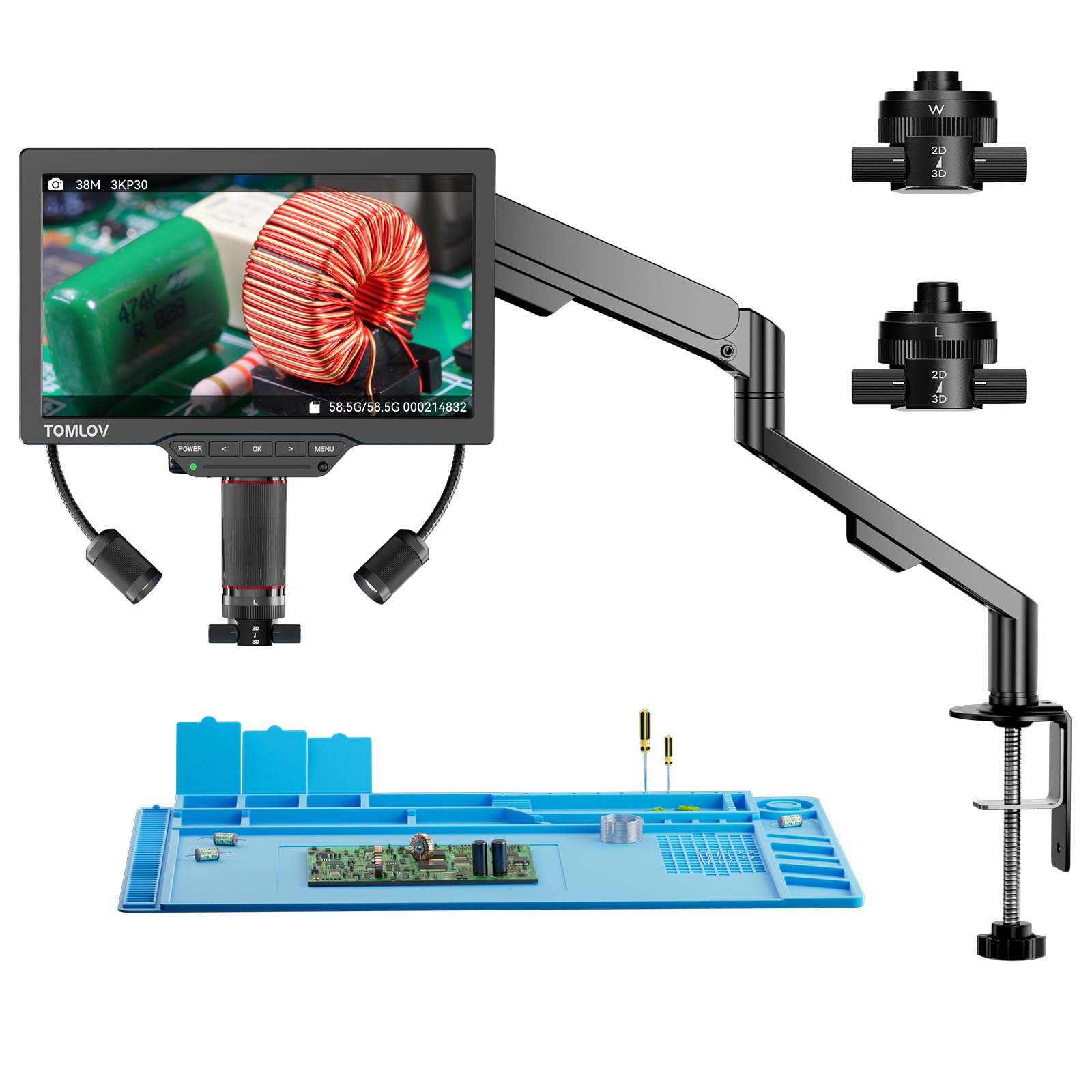 TOMLOV TM3K-3D Max 10,1" Microscopio Digitale IPS con Lenti Duali Magnetiche, Microscopio Saldatura 3D per Adulti, Ingranditore Monete 3K HDMI, LED, Tappetino per Riparazioni, Braccio Flessibile, 64GB