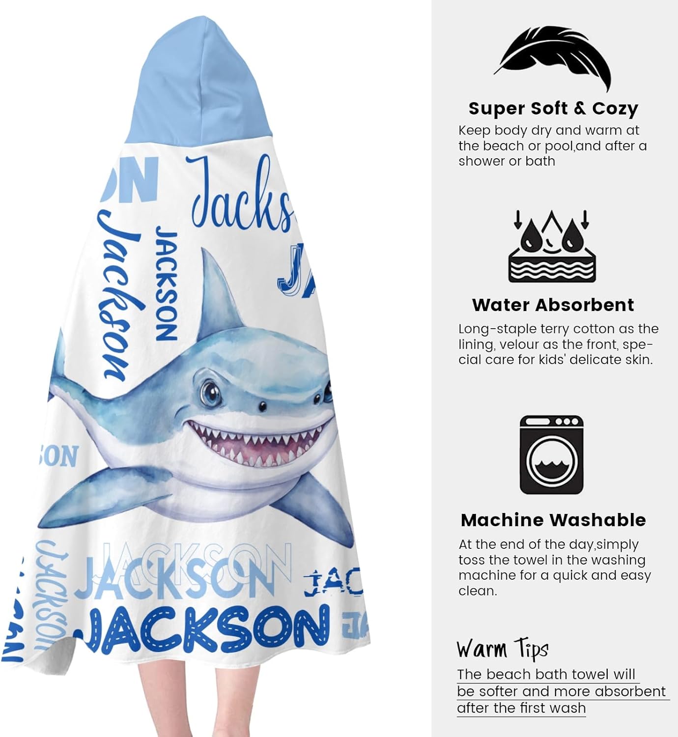 Personalized Kids Hooded Beach Towel Custom Bath Towel with Names for Kids 50" x 30" Microfiber Quick Dry Beach Towel with Hood Sand Free Pool Towels for Boys Girls Shark