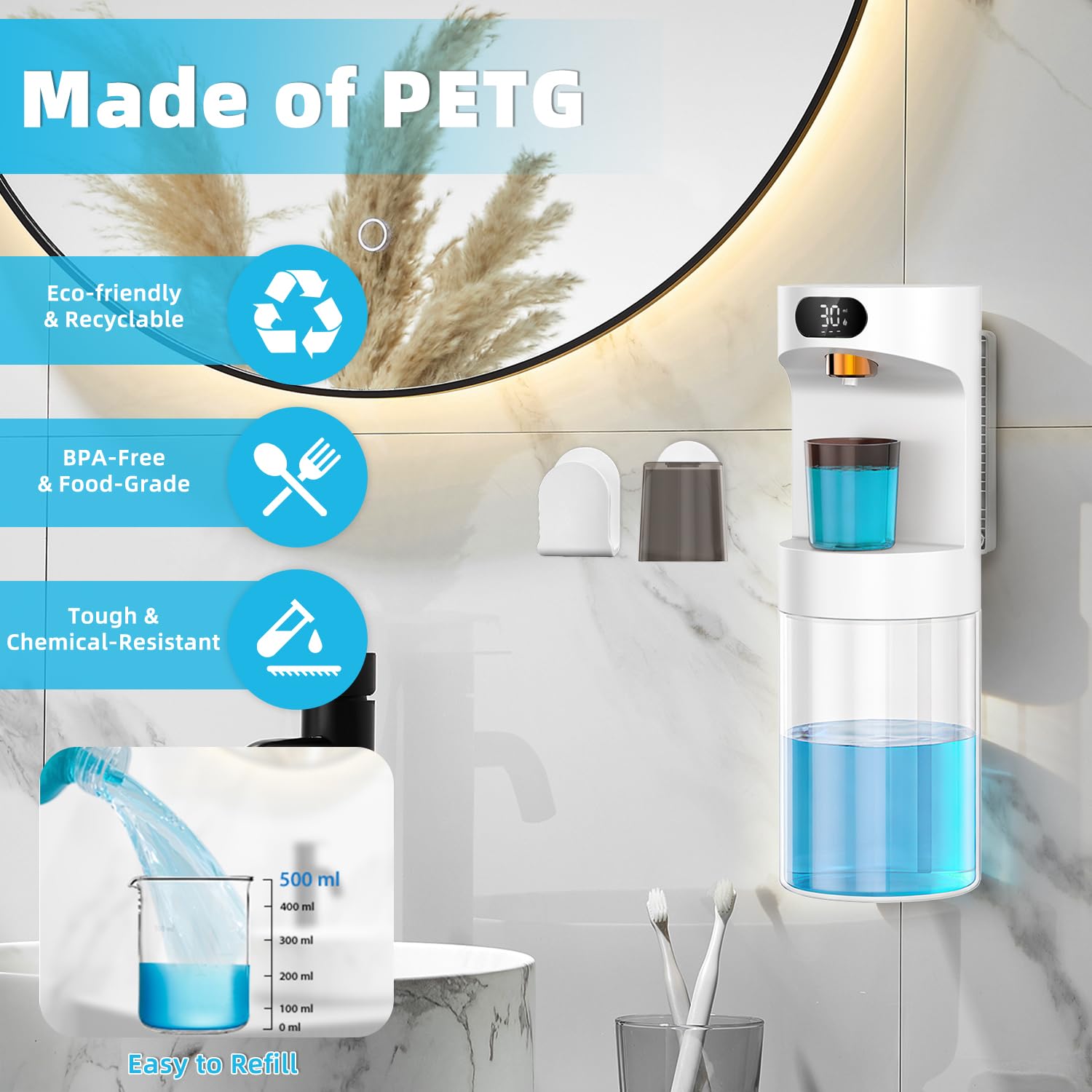 Distributore automatico di collutorio per bagno, 2000 mAh, erogatore elettrico touchless per collutorio con tazze magnetiche, dispenser da parete da 590 ml, dispenser collutorio per bambini e