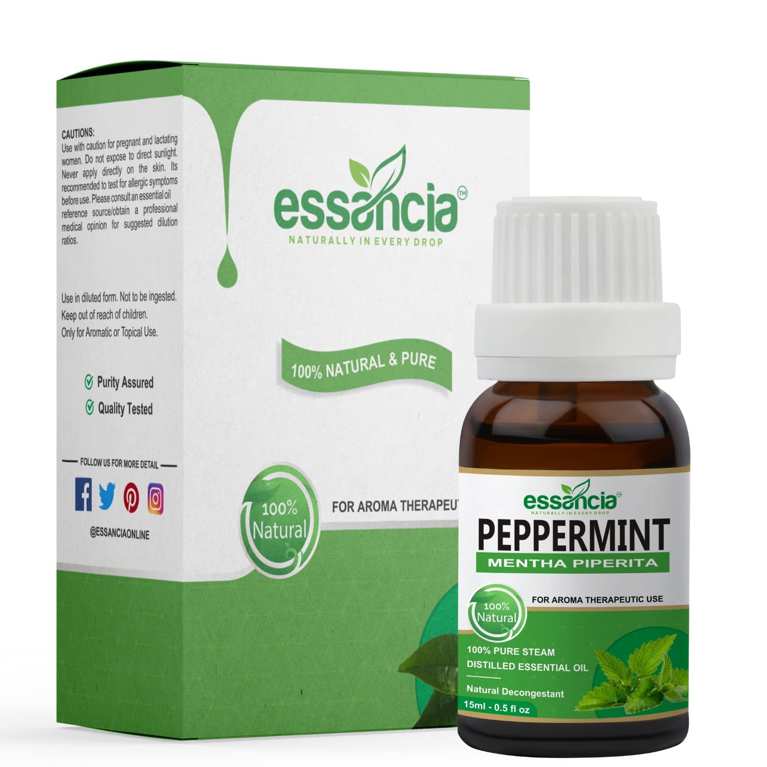 essancia - NATURALLY IN EVERY DROP Peppermint Essential Oil For Healthy Skin, Hair, Scalp, Cooling & Refreshing Care For Face & Body, Rats Repellent, Pure & Therapeutic Grade Essential Oil. (15Ml)