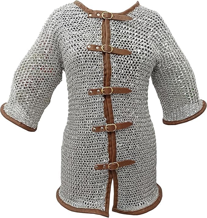 Medieval Chainmail Shirt, 10mm Aluminum Rings, Half Sleeve with Leather Buckles, Riveted Armor (L)