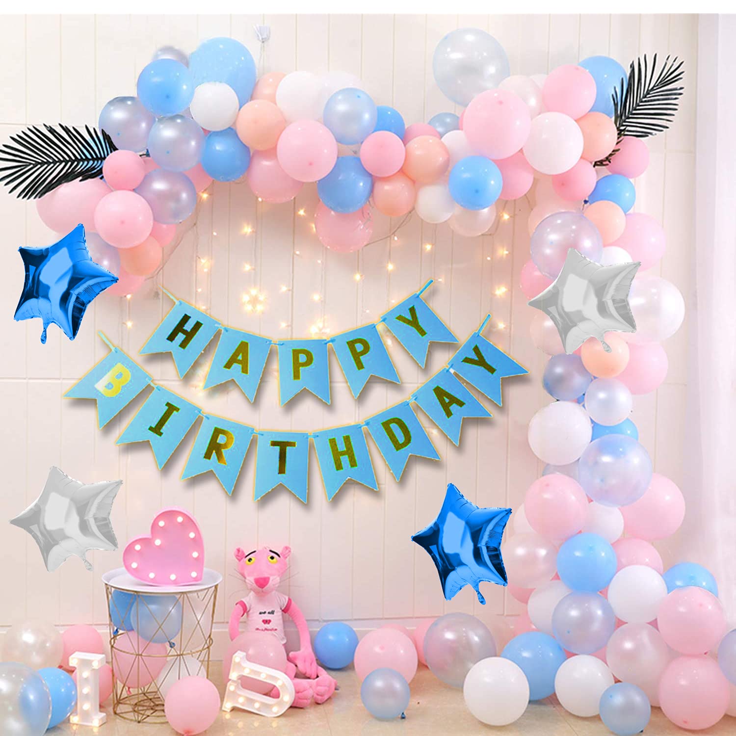 Smartz Minds Blue Birthday Decorations Items - 80 Pcs Kit - Blue Banner, Metallic Balloons, Star Foil Balloons, LED Lights, Ribbon, Arch For Boys, Kids, Father, Husband Birthday Decoration