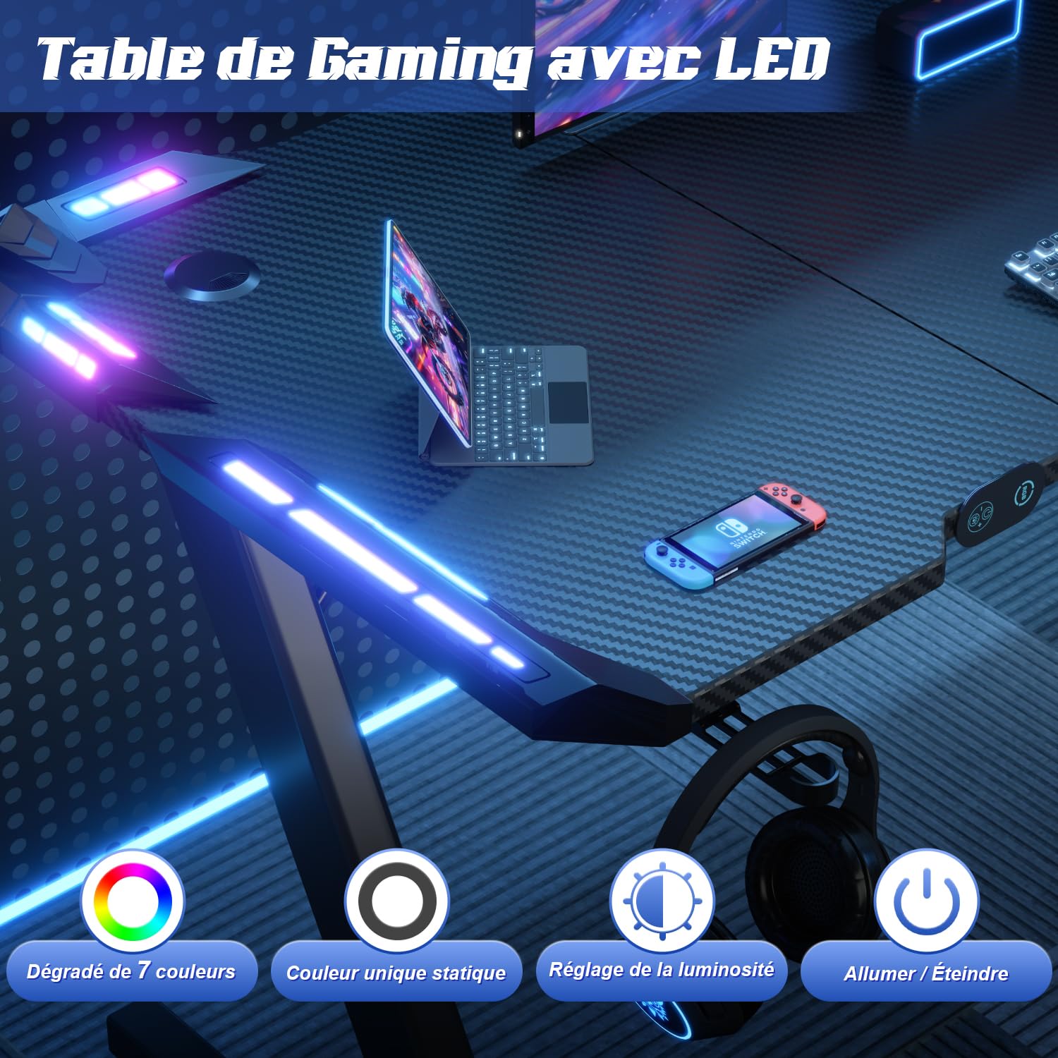 Devoko Bureau Gaming LED 120×60cm,Contrôleur Touché de Lumière par USB, Plusieurs Modes de Changement de lumière,Porte-gobelet et Crochet pour Casque, Bureau Gamer Informatique Ergonomique, Noir