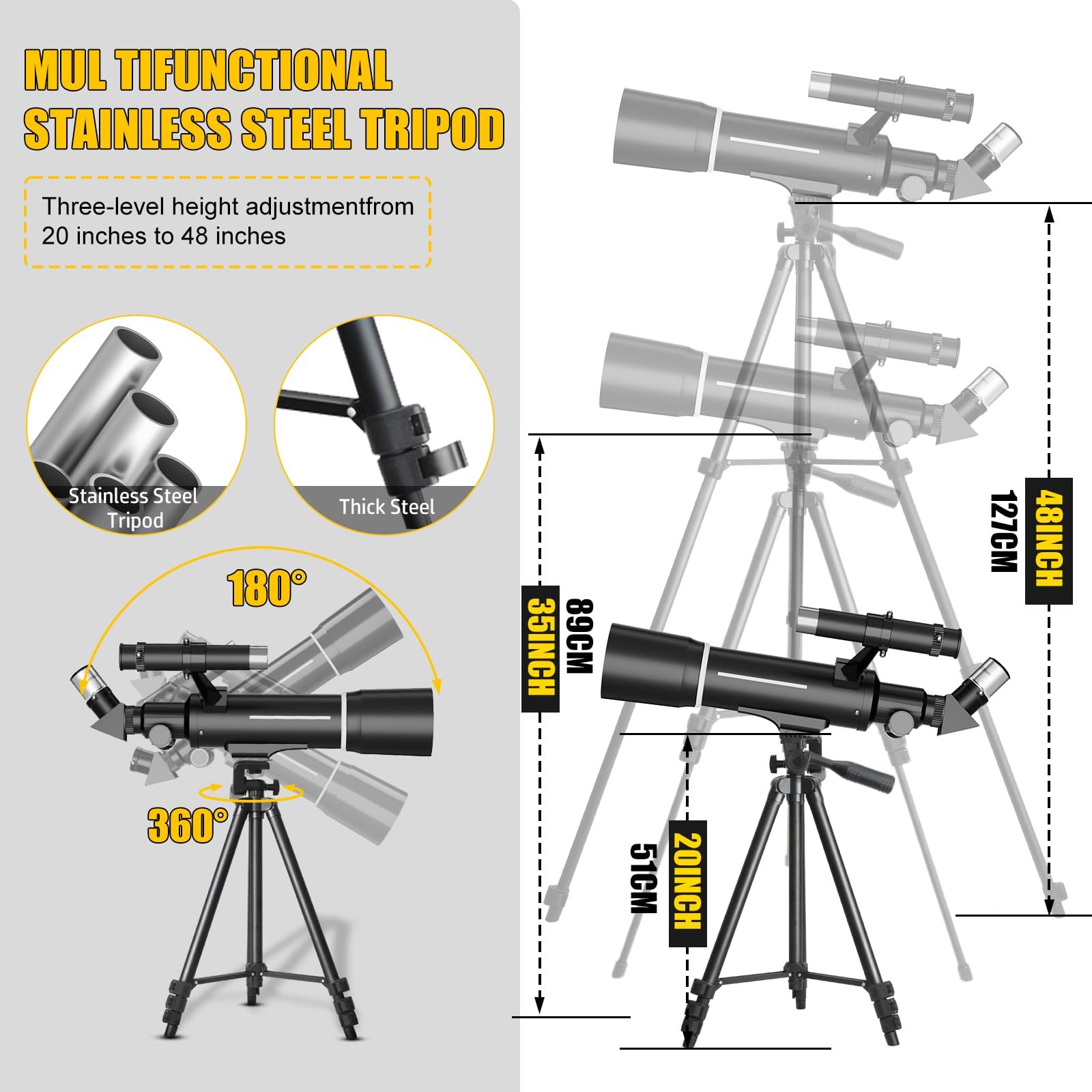 Teleskop Astronomiczny 500/70mm, 200x, ze statywem, adapter do telefonu, filtr księżycowy i 3 okulary, dla początkujących i dzieci