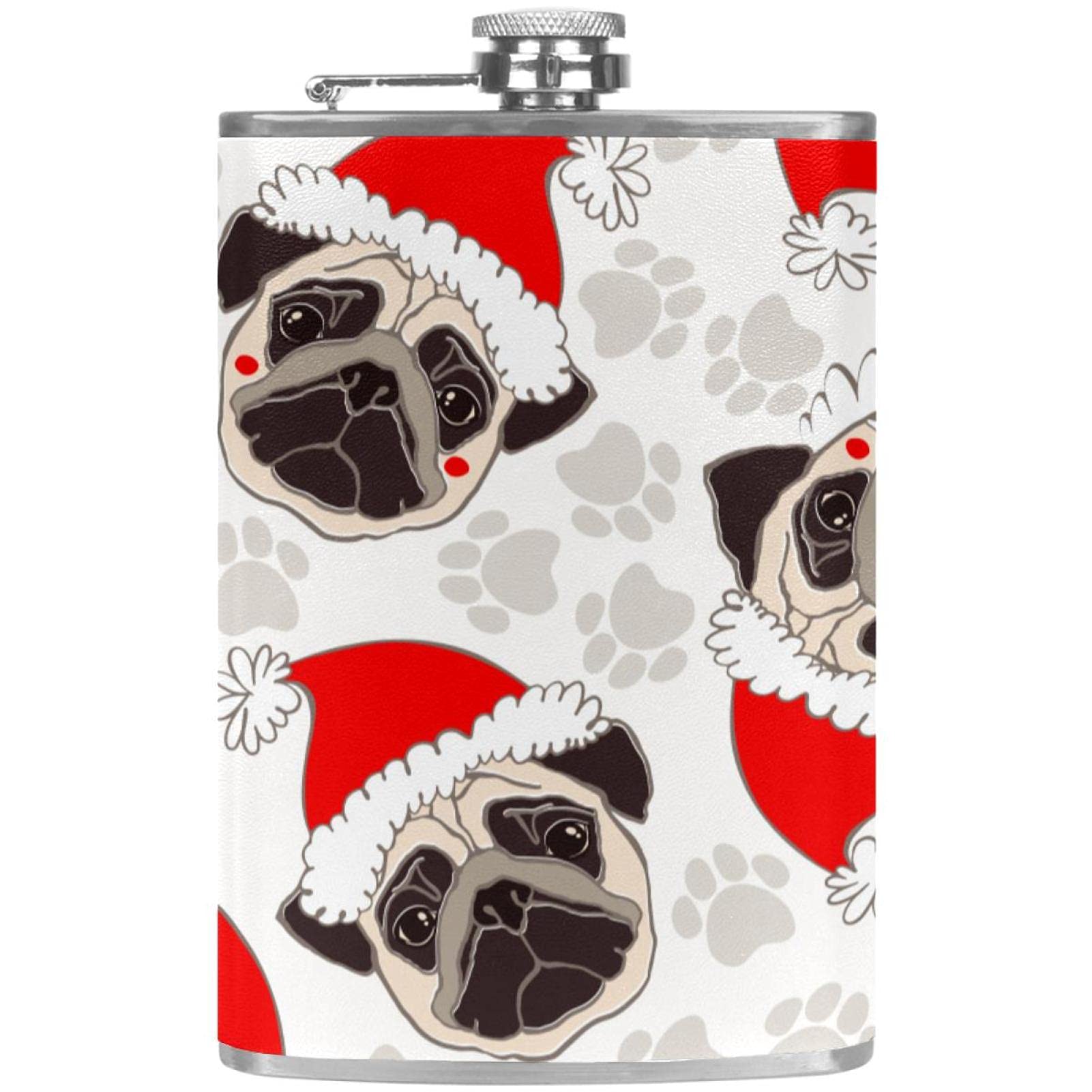 Flasque pour rhum cadeau de Noël drôle motif carlin et son entonnoir