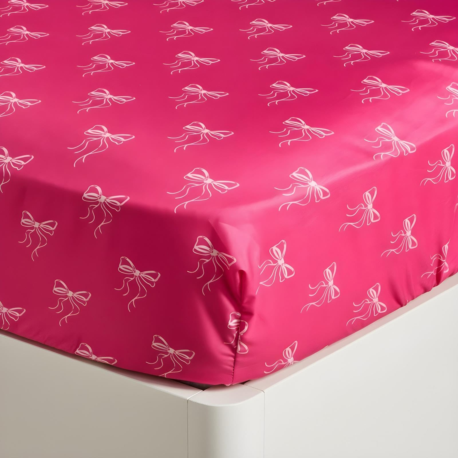 Ohs Women's Bows - Hot Pink Bow Print Fitted Bed Sheets Double, Bow Gifts For Easy Care Soft Microfibre Fabric Deep Pocket 25Cm Shrinkage And Fade Resistant Bed Sheet Valentines Gifts, Hot Pink - 135 X 190Cm