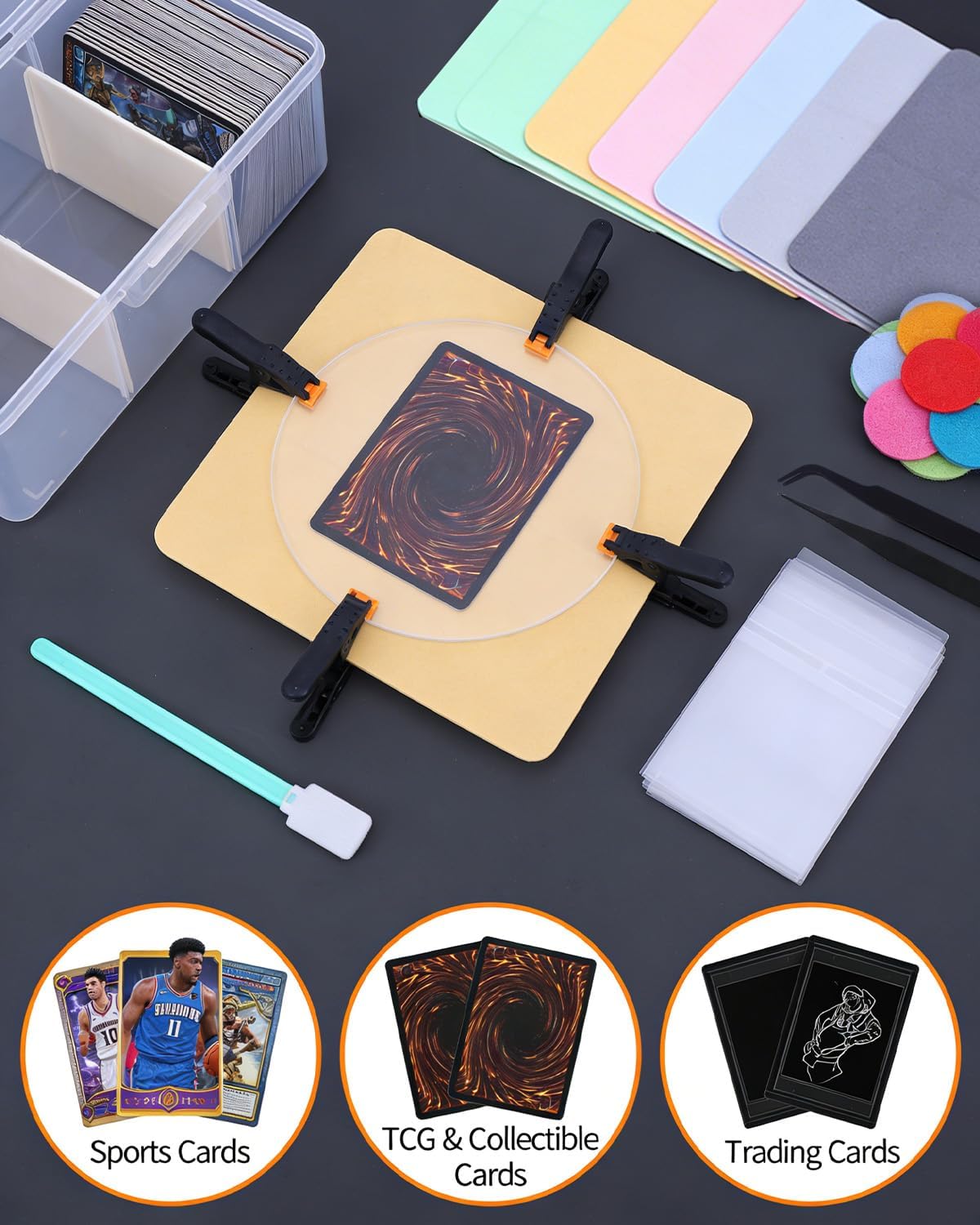 HAPPYER Trading Card Cleaning Kit & Grading Tool Set Card Care Accessories for Sports & TCG Cards Cleaning Supplies with Acrylic Plates Clamps Felt Pads Swabs Tweezers Sleeves Storage Case