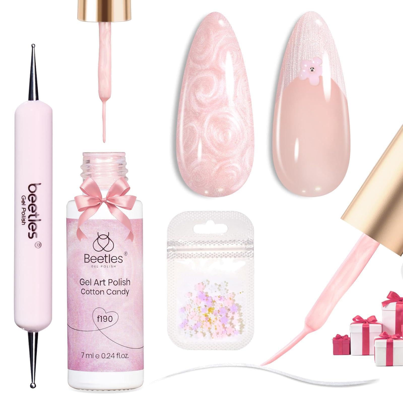 Beetles Pearl Pink Gel Liner Nail Polish,Soak Off Uv Led Pearl Gel Nail Polish Drawing Valentine Polish Nails Cotton Candy Pearlescent Swirl Art Paint with Dotting Pen and Nail Charms