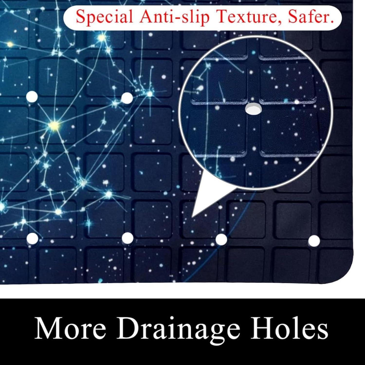 Blue Zodiac Stars Constellation Space Symbol Bath Tub and Shower Mats, Non Slip Bathmat with Drain Holes and Suction Cups for Bathroom Floor, 15.1 x 26.8 Inch