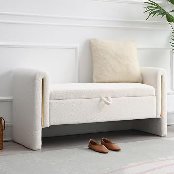NIOIIKIT 52" Storage Ottoman Bench, Teddy Upholstered Storage Bench with Armrest, Entryway Bench with Pull-Ring, End of Bed Bench with Padded Cushion, Window Bench for Living Room White