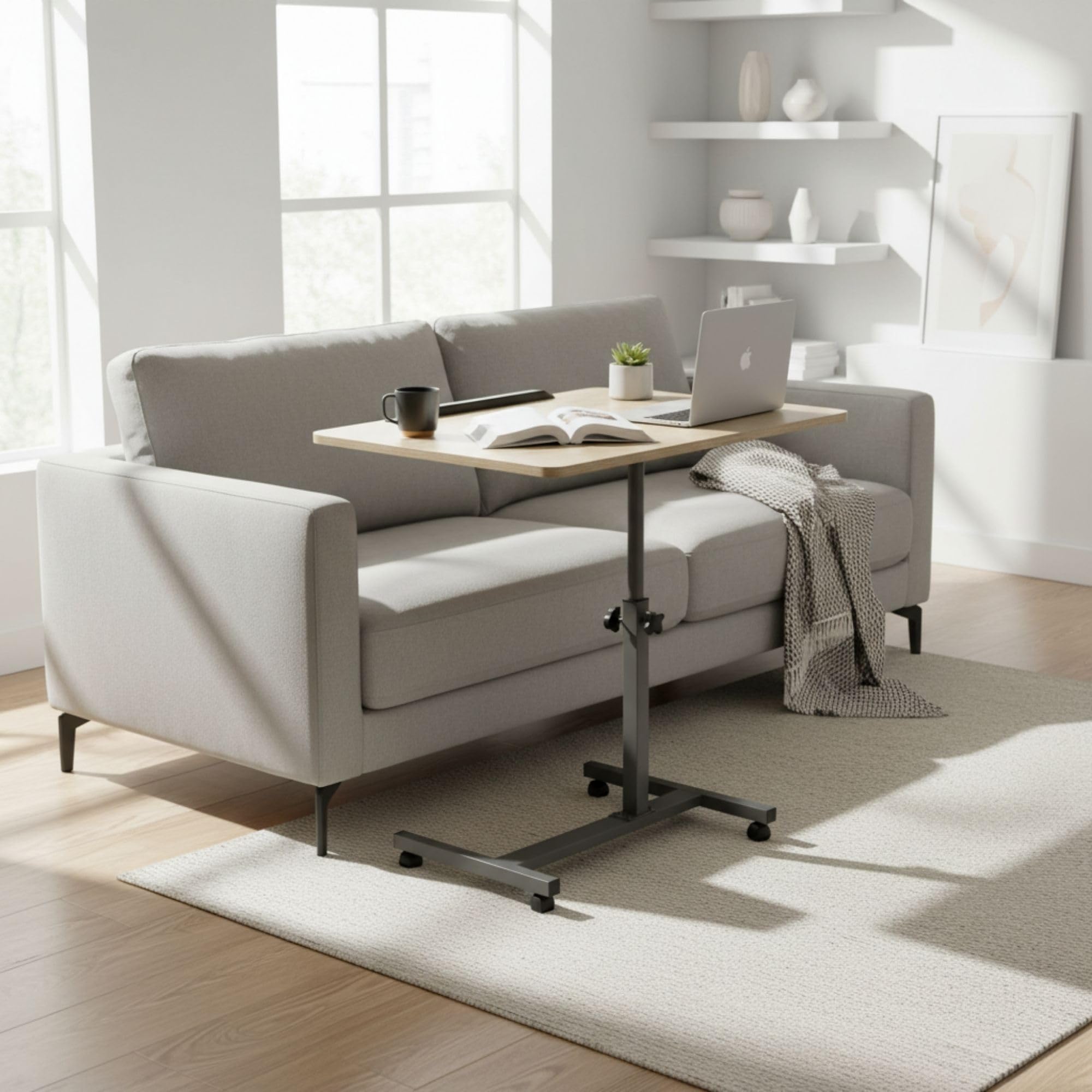 INDE MOBLEKIT | Mesa Auxiliar Regulable con Tablero Inclinable 60x40x59-89 cm, Escritorio con Ruedas para Sofá o Cama, Metal y Madera, Mesa Auxiliar con Altura Ajustable y Freno