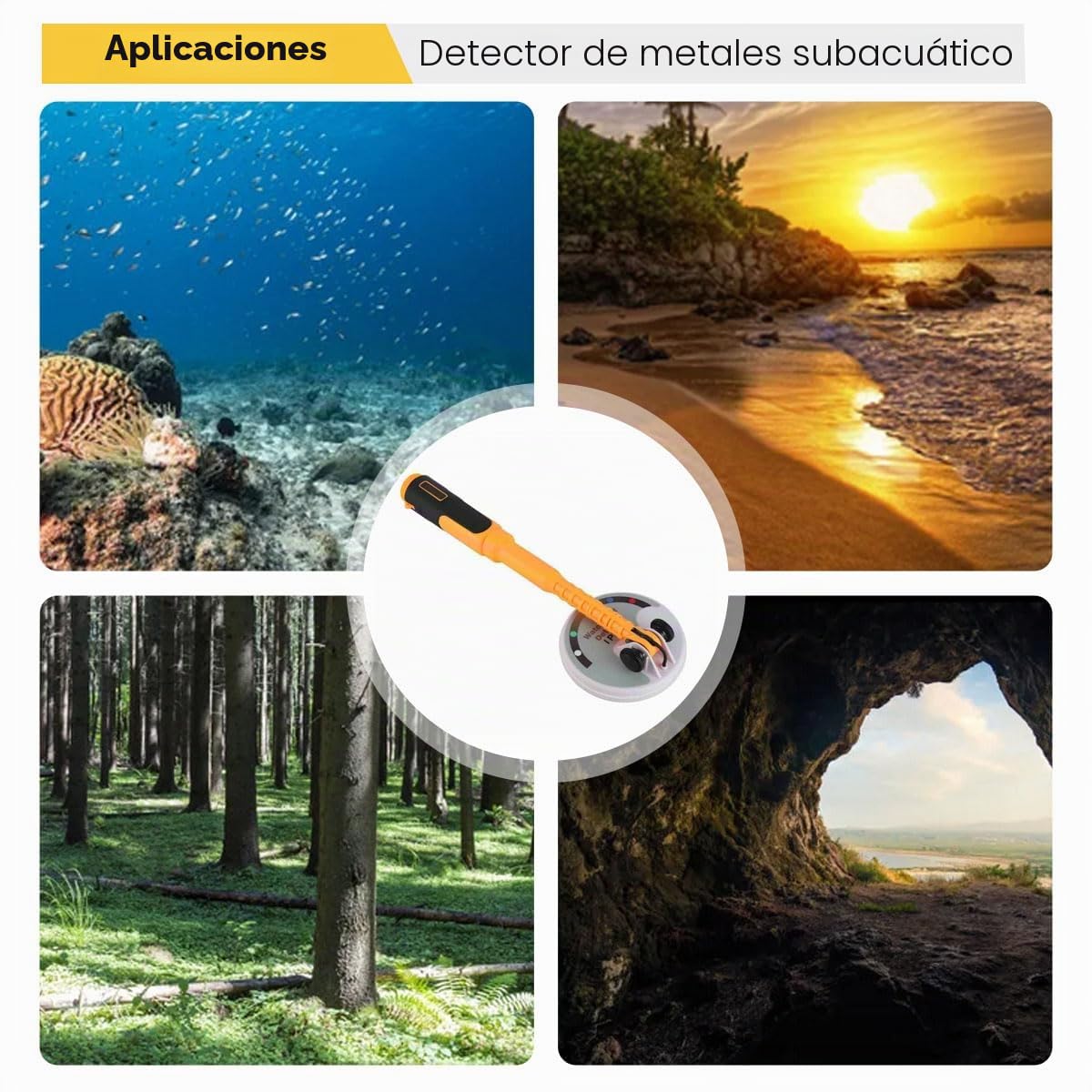 Detector de Metales Subacuático de Mano, Luz de Sonido y Modo de Alarma de Vibración, a Prueba de Agua para 30-60 Metros Bajo el Agua