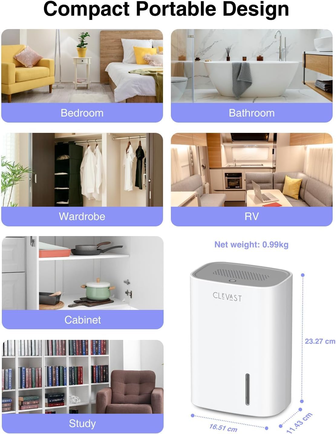 CLEVAST Déshumidificateur Électrique 850 ml, Ultra Silencieux avec Arrêt automatique, Mini Déshumidificateur Portable pour Chambre à Coucher, Salle de Bain, Armoire, Chambre d'Enfant