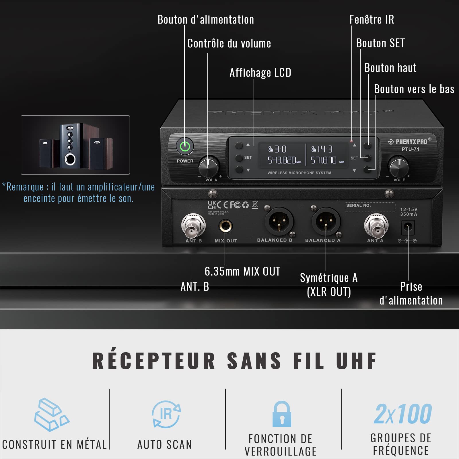 Phenyx Pro Système Micro sans Fil UHF Auto Scan PTU-71-2B