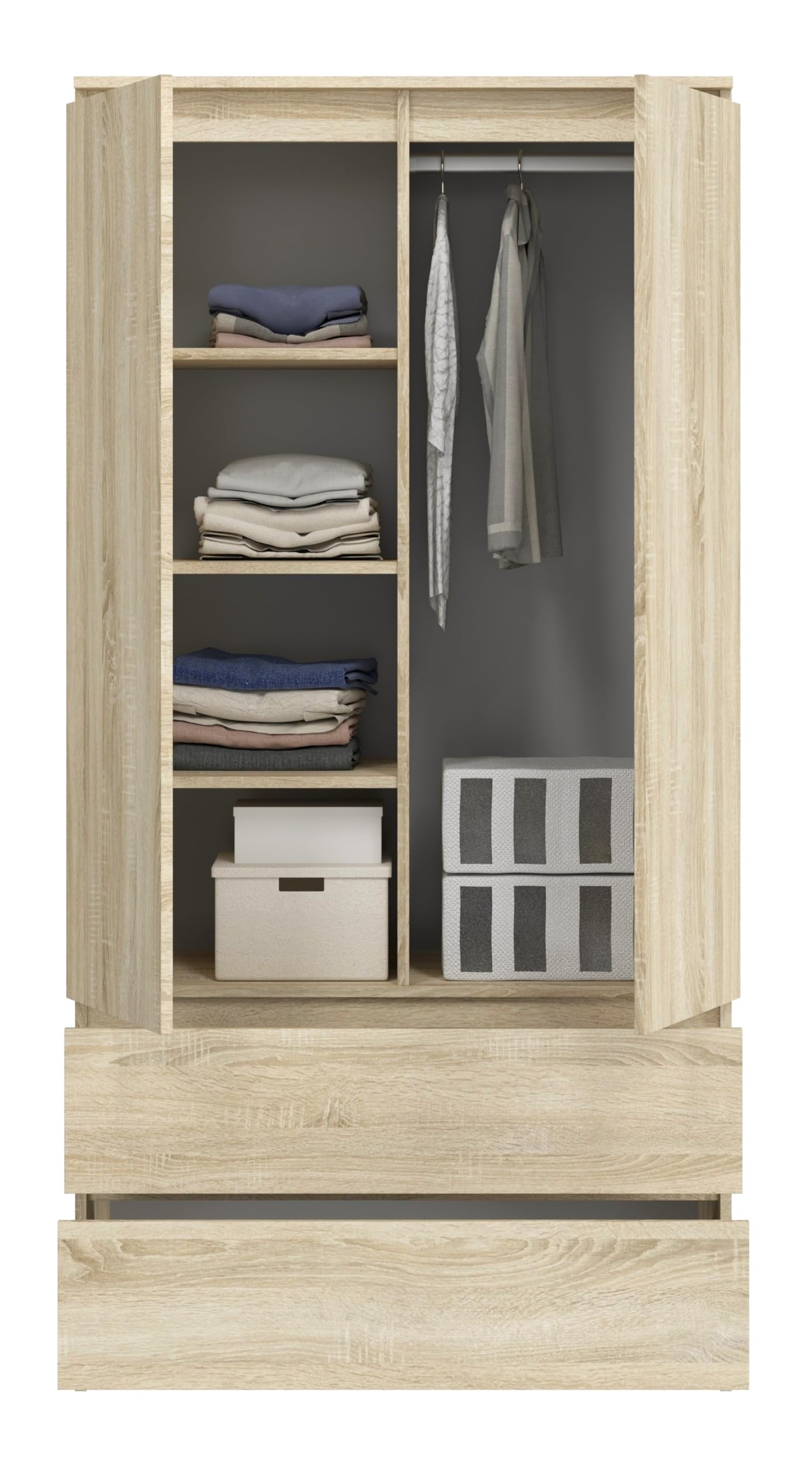 Gran armario con 2 puertas, 2 cajones, 4 estantes y perchero - Armario multiusos - 180 x 90 x 50,5 cm - Sonoma