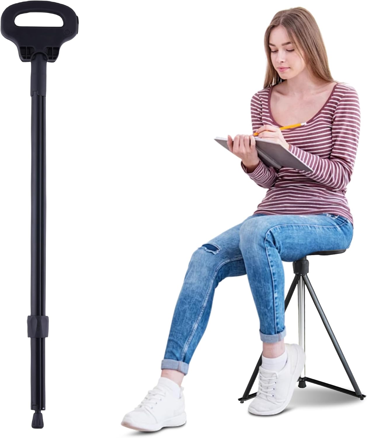 ALEVMOOM Walking Cane with Seat Folding Lightweight, 2-in-1 Cane Stool for Adults, Aluminum Walking Stick with Seat, Capacity 330lb Portable Stool for Senior, with Carry Bag-Black