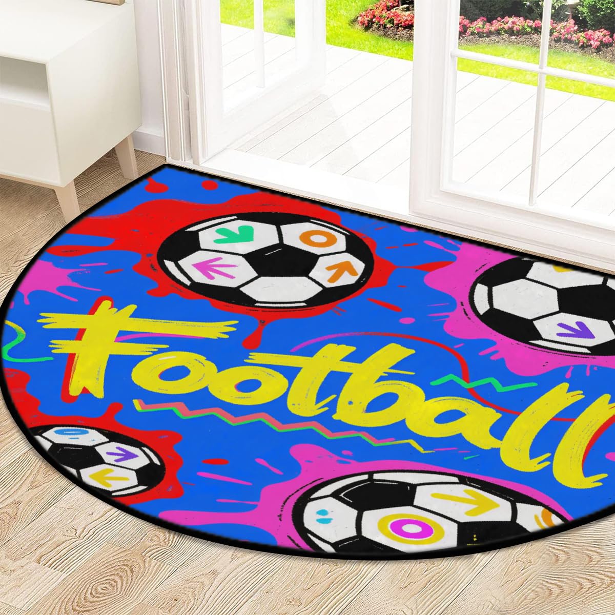 Große halbrunde Fußmatte, Bälle, Fußballtor, rutschfest, saugfähig, halbrund, Eingangsbereich, niedlich, weich, halbrund, waschbar, Teppich für Küche, Badezimmer, Schlafzimmer, 160 x 100 cm