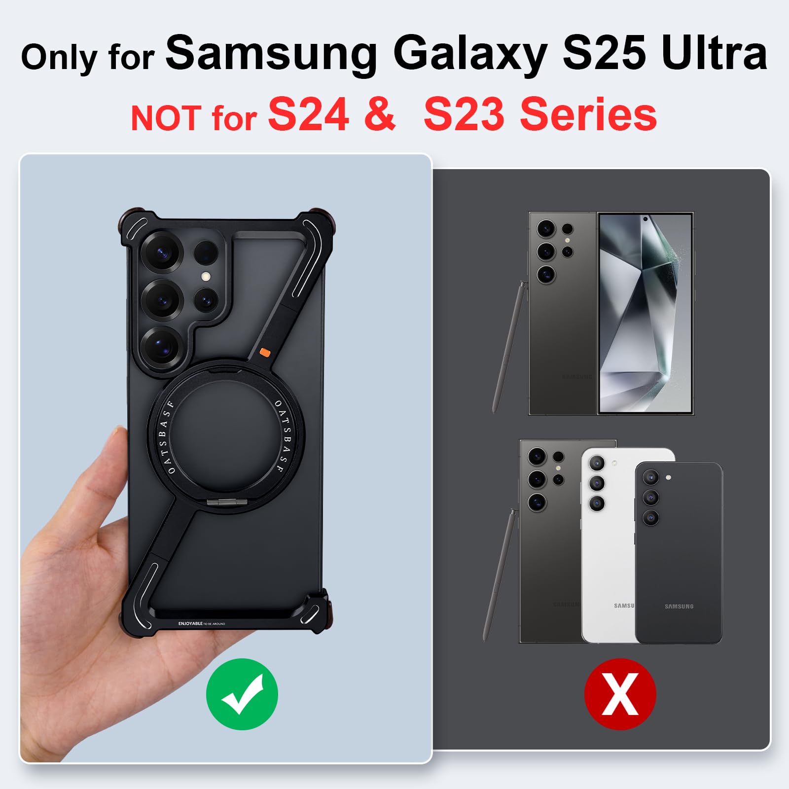 Custodia a forma di Z per Samsung Galaxy S25 Ultra con Magsafe, metallo senza cornice con supporto ad anello magnetico, custodia protettiva con cavalletto girevole a 360°, custodia protettiva