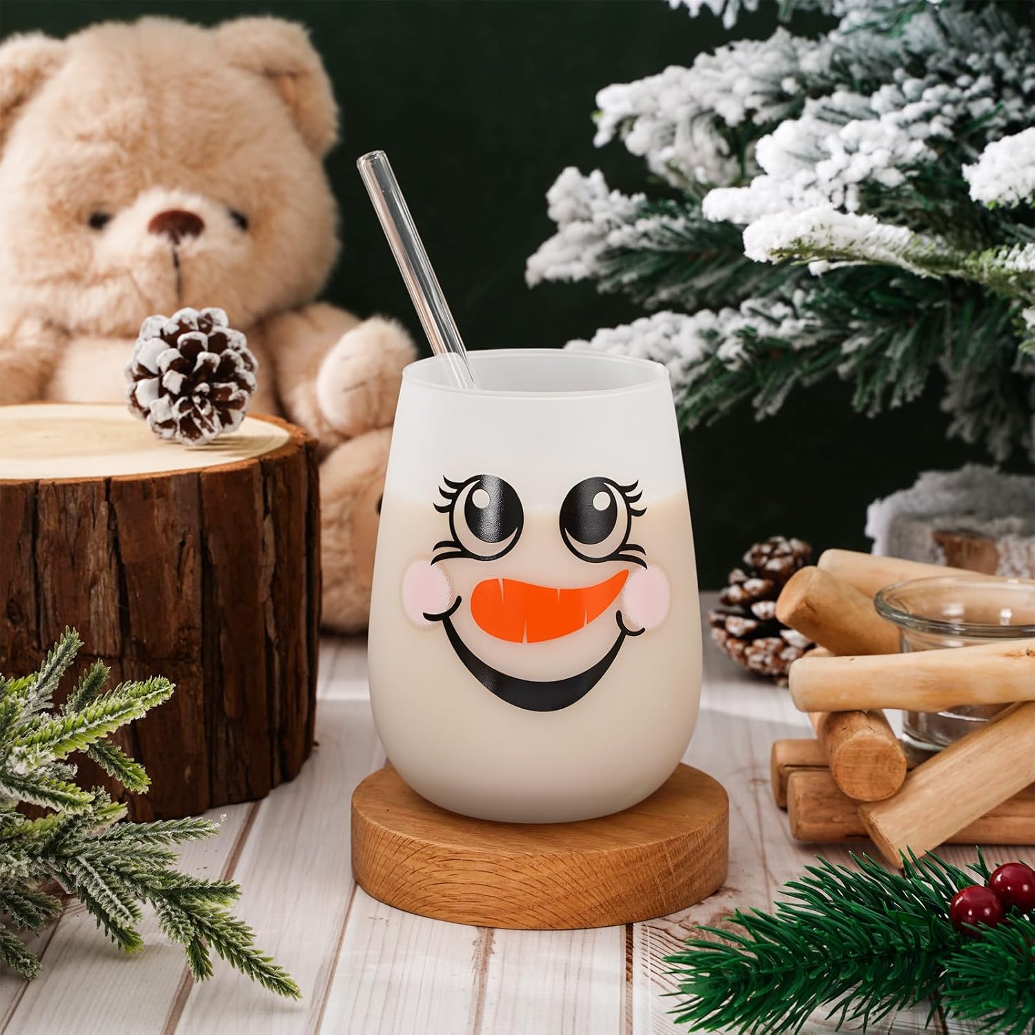 Whaline 2Pcs Christmas Winter Stemless Wine Glasses 17oz Cute Snowman Drinking Glasses Funny Tumbler Cups for Party Supplies Gifts - Image 5