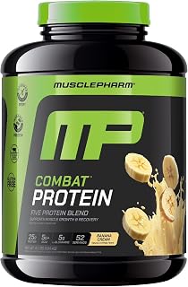 Muscle Pharm Combat Protein Powder, Banana Cream Flavor, Fuels Muscles for Productive Workouts, 5 Protein Sources Including Whey Protein Isolate & Egg Albumin, Gluten Free, 4 lb, 52 Servings