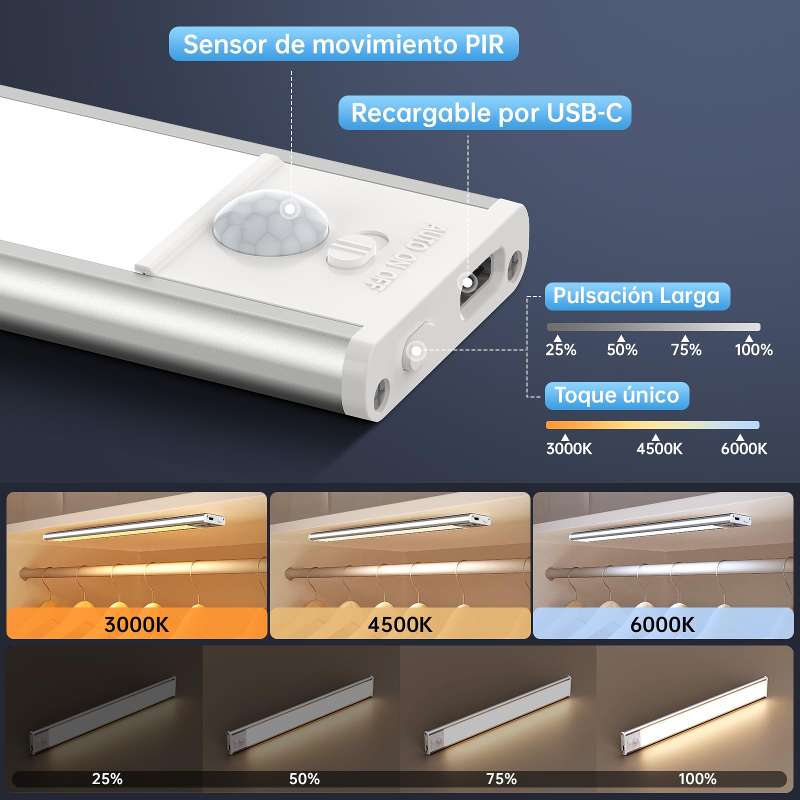 Luz LED con Sensor de Movimiento, 30 cm Luces Led Cocina,5 Piezas | 1800mAh Luz armario, 54 LEDs, 3 Colores, Recargable, Regulable, Montaje Magnético para Cocina,Pasillo, Escalera, Gabinete