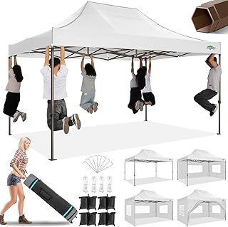 COBIZI 10x15 Pop Up Heavy Duty Canopy with 4 Sidewalls and Hexagonal Legs, Easy up Tent for Parties, Commercial and Wedding, Outdoor Canopy with Roller Bag, Sand Bags, Waterproof & UPF50+ (White)