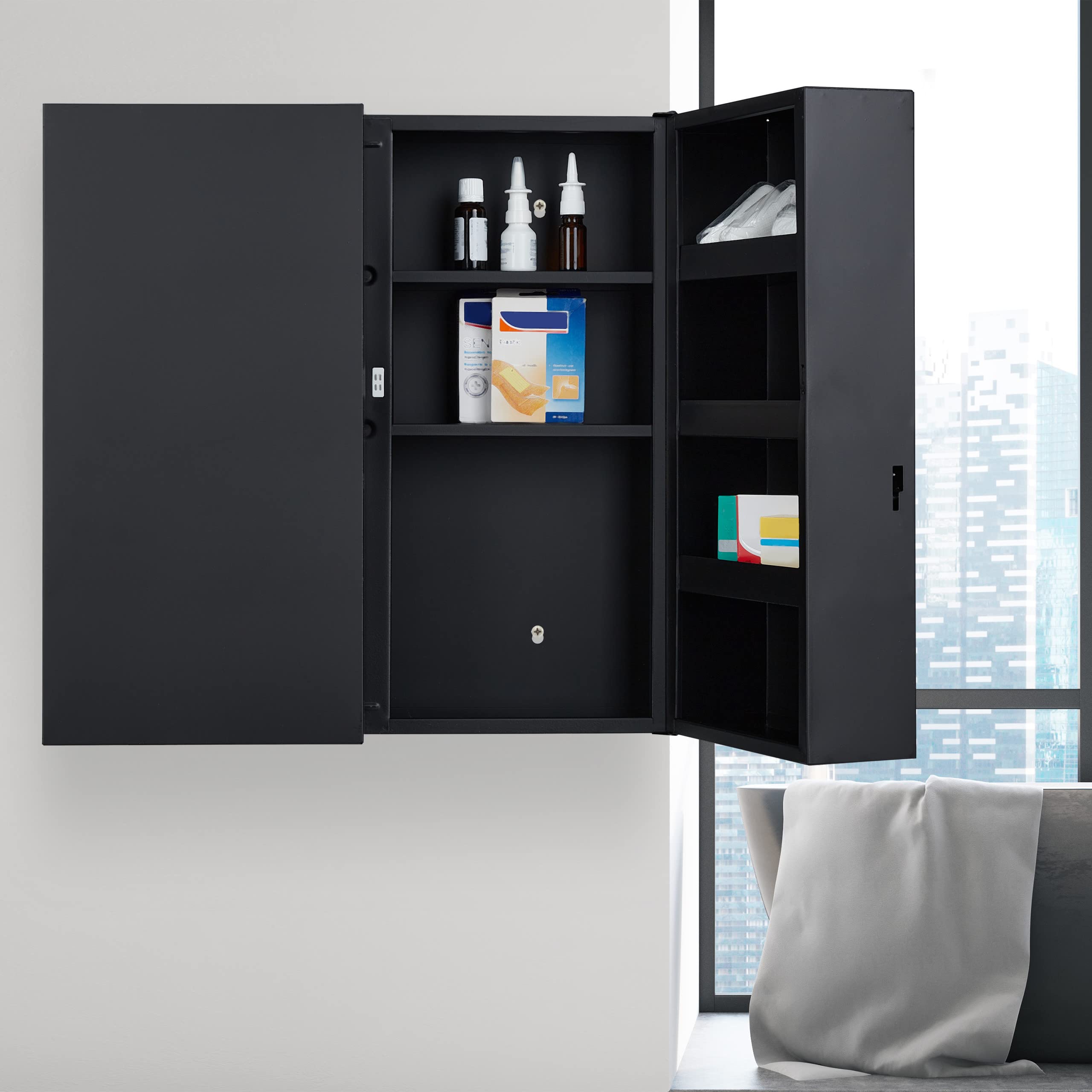 Relaxdays Armoire à Pharmacie XXL, verrouillable, 11 Niveaux, Acier, HLP: 53,5x53x19 cm, Armoire 2 Portes, Anthracite
