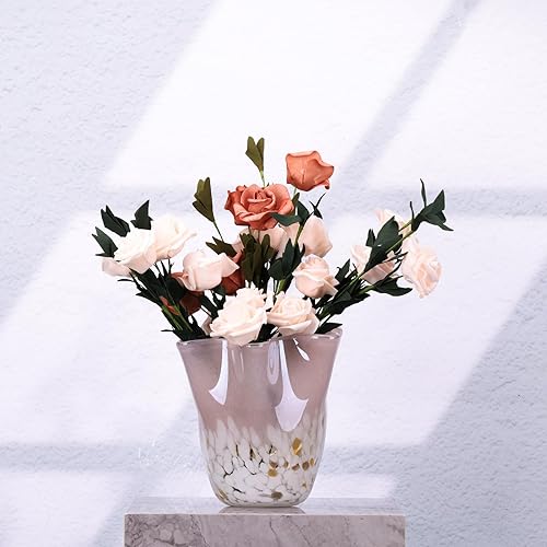 Miniatura 5 de Florero de vidrio rosa soplado a mano, decoración de jarrón de boca ancha ondulada, jarrón de vidrio único para centro de mesa de comedor,