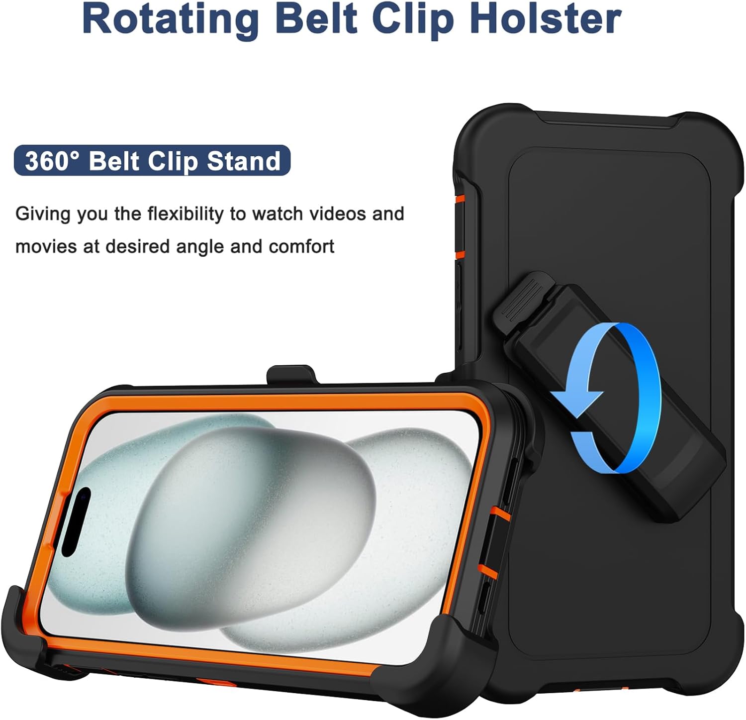 RubCase for iPhone 15 Case 6.1” with Belt Clip Holster, 2X Screen Protector, Heavy Duty Military Grade Full Body Shockproof Dust-Proof Drop Proof Rugged Protective Cover for iPhone 15 (Black/Orange) - Image 2