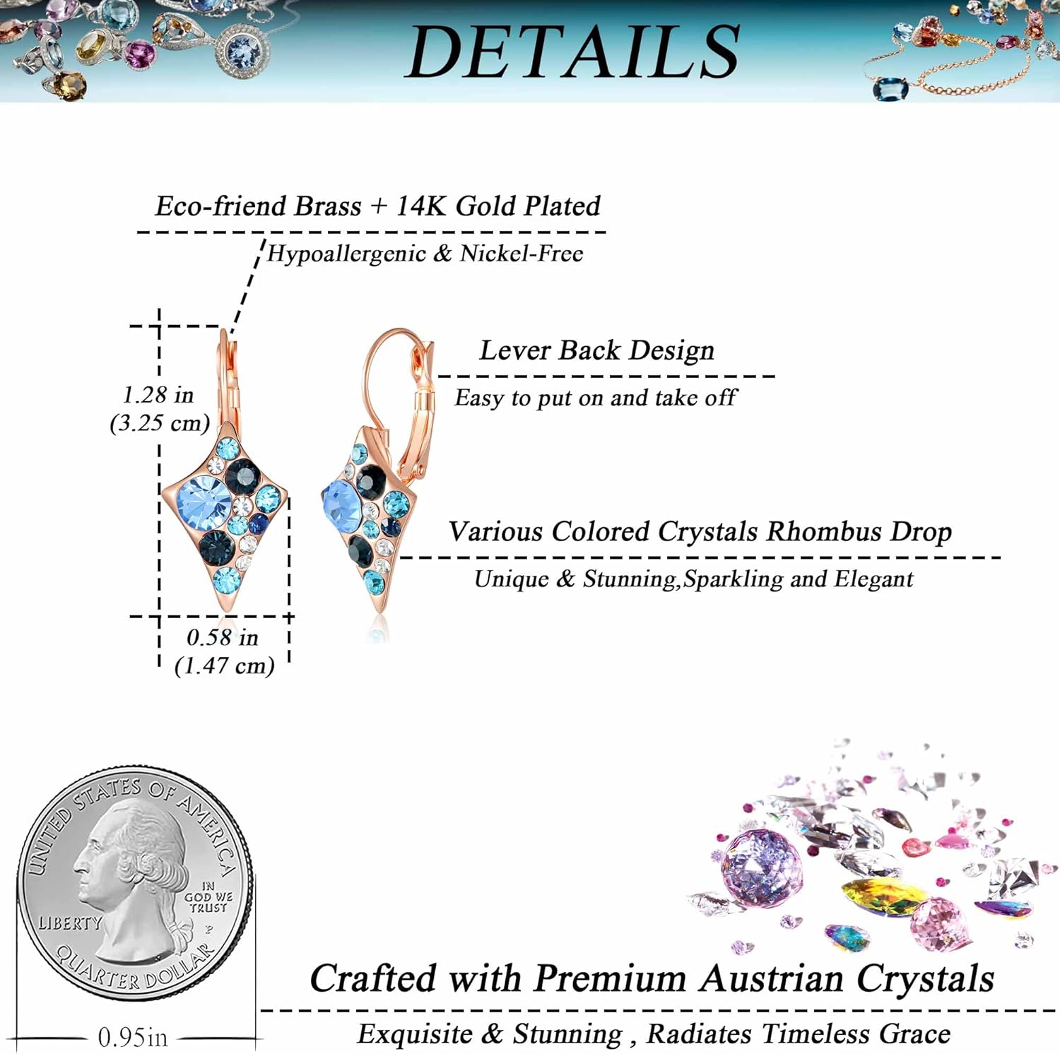 Multicolored Austrian Crystal Rhombus Drop Earrings for Women 14K Gold Plated Leverback Huggie Earrings Hypoallergenic Jewelry Gift - Image 4