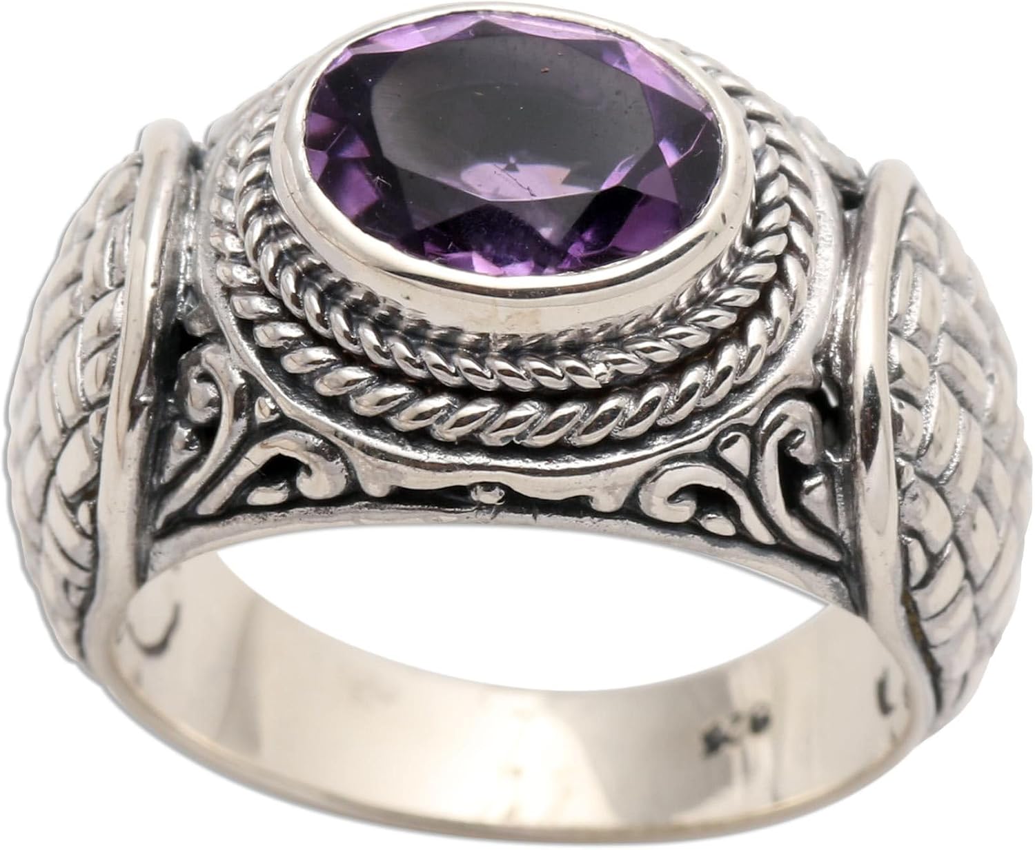 NOVICA Artisan Handmade Amethyst Signet Ring .925 Sterling Silver Cocktail Single Stone Indonesia Birthstone Gemstone 'Woven Vines'