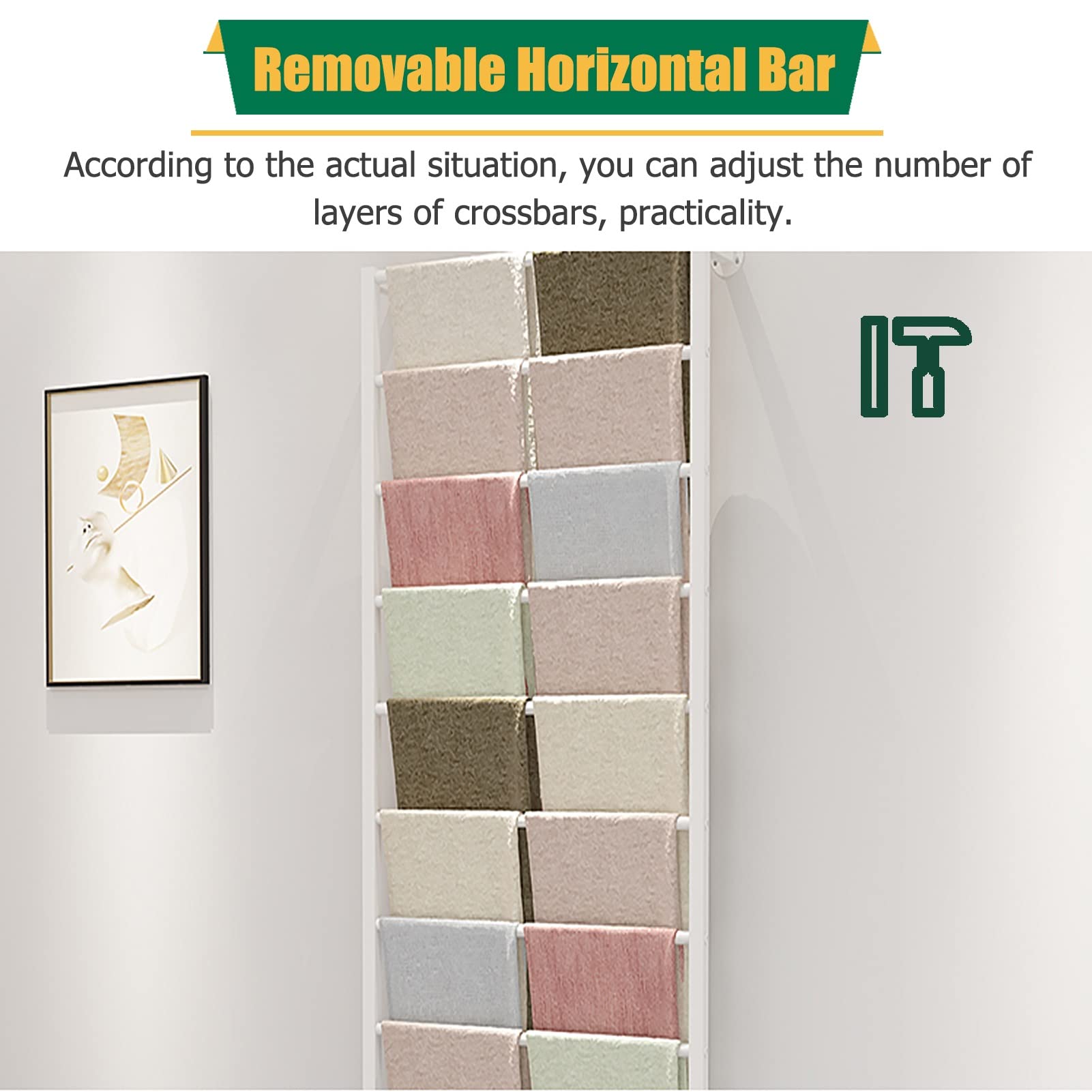 UWYTGF Wall Mount Scarf Holder with Removable Crossbar,9 Layer Shawl/Pants Collect Rack,for Bedroom/Retail Store/Closet,Black White Gold Heavy Duty Iron,Gold,Length,120Cm/47.2In